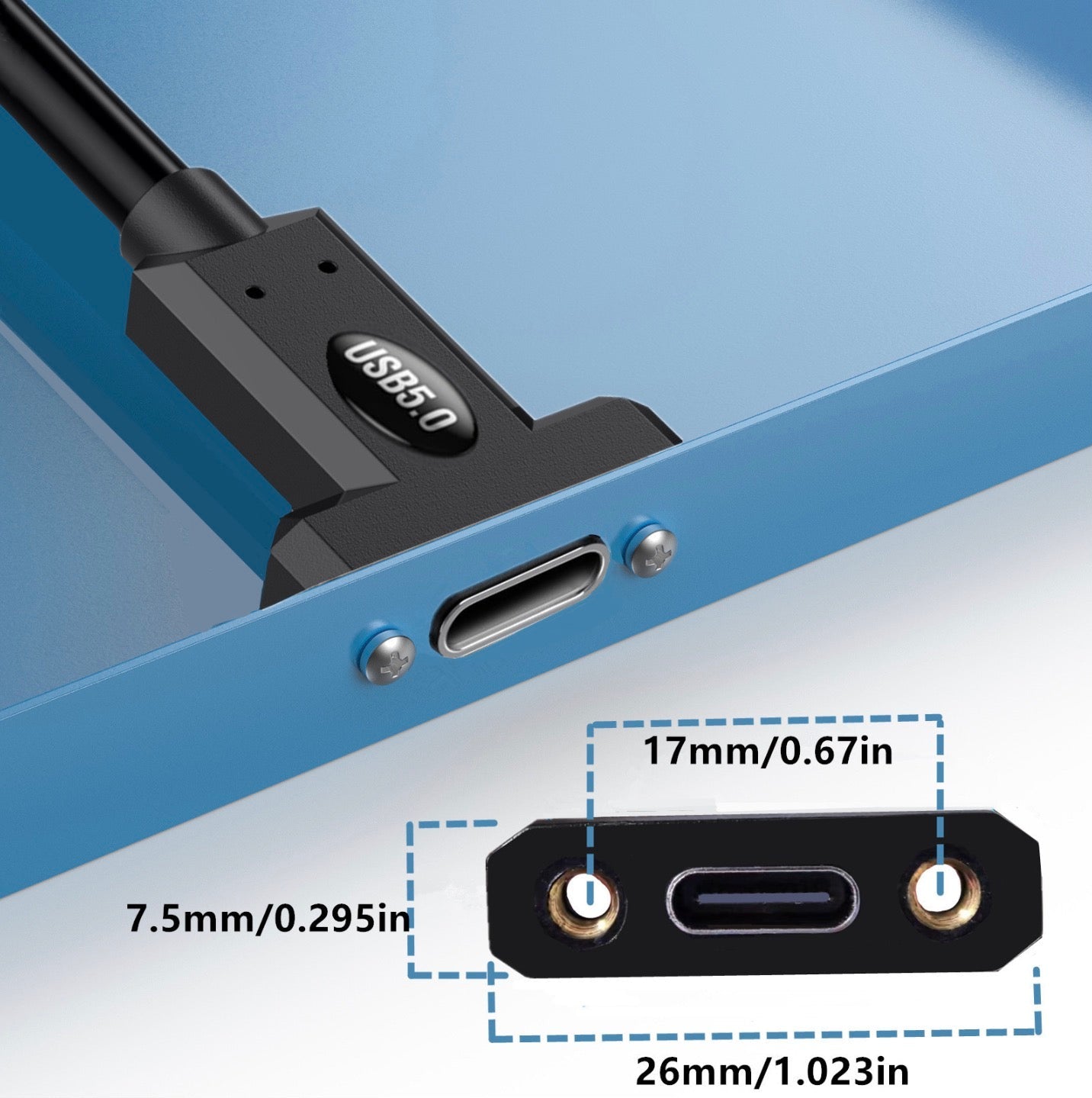 USB 5.0 Type-C Male to Female Panel Mount Monitor Cable – 80Gbps, 240W Charging, 16K/Dual 8K Display – Thunderbolt 5 Compatible