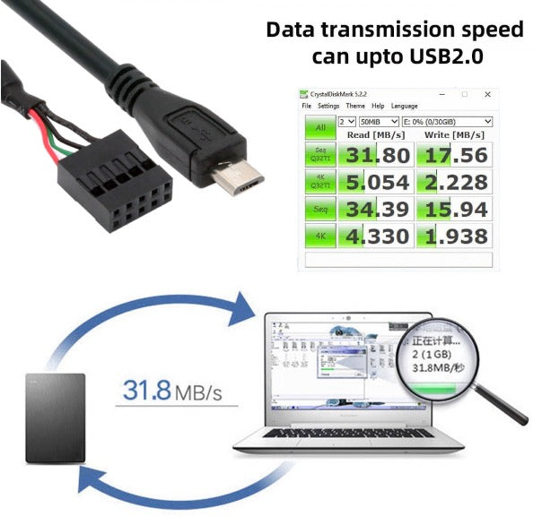 Micro 5Pin Male to USB 2.0 Motherboard 9Pin 10Pin Header Female Cable 0.5m
