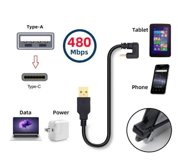 USB 2.0 A Male to USB-C 3.1 Male U Angled Data Charging Cable