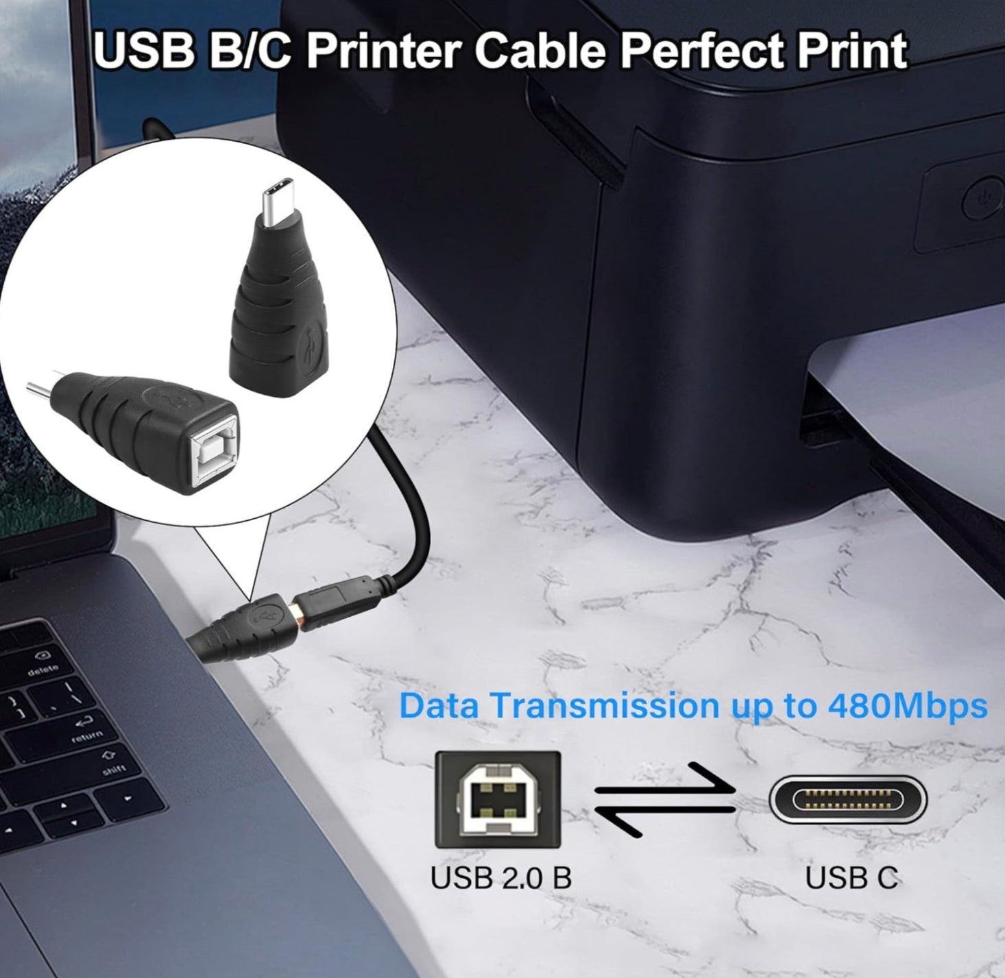 USB B to USB C Extension Adapter, Type C Male to Type B Female Printer Converter