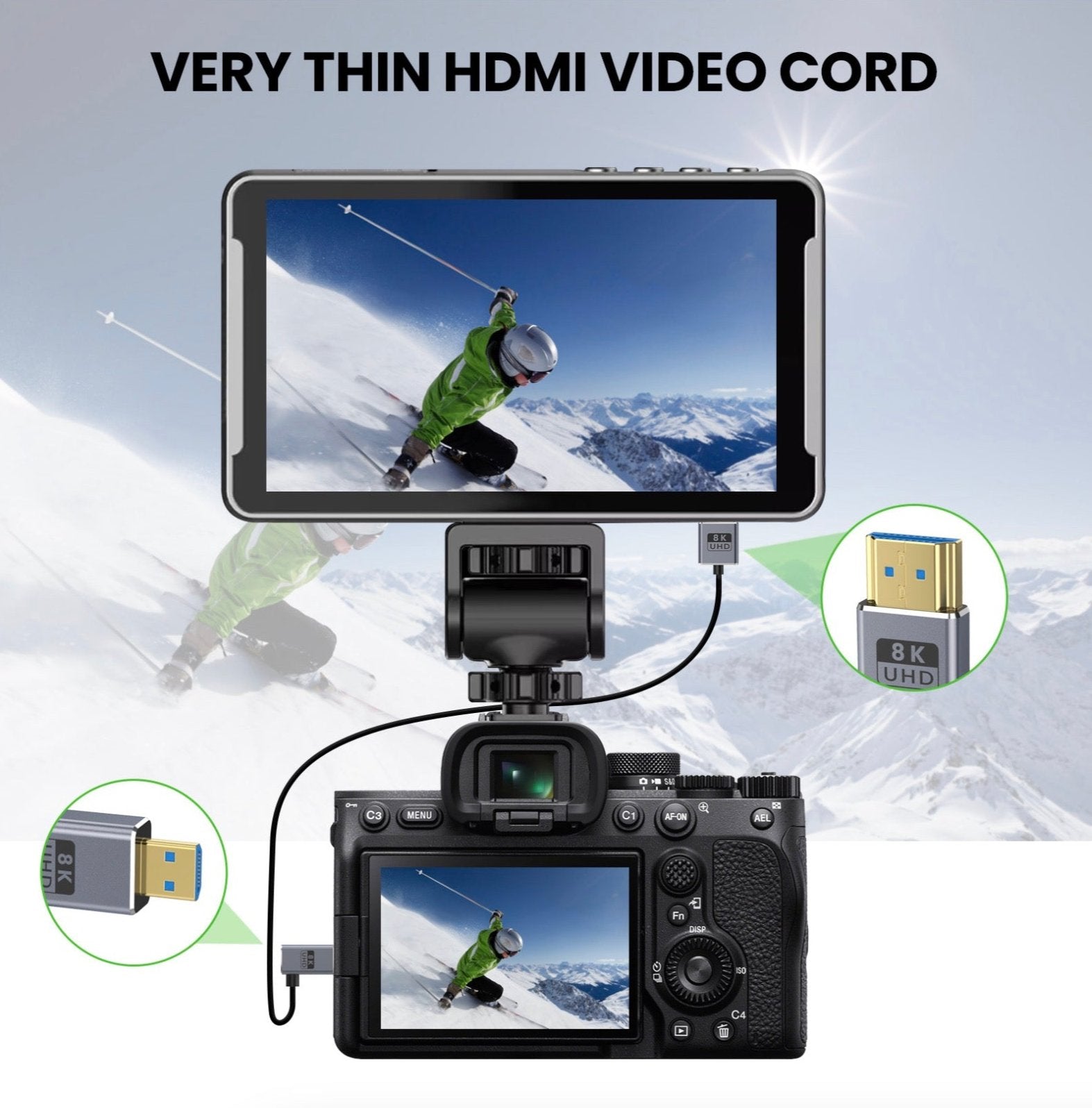 Micro HDMI to HDMI 2.1 Extreme Slim Coaxial Cable, Ultra High Speed OD2.5mm Audio Video Cable | Down Angle
