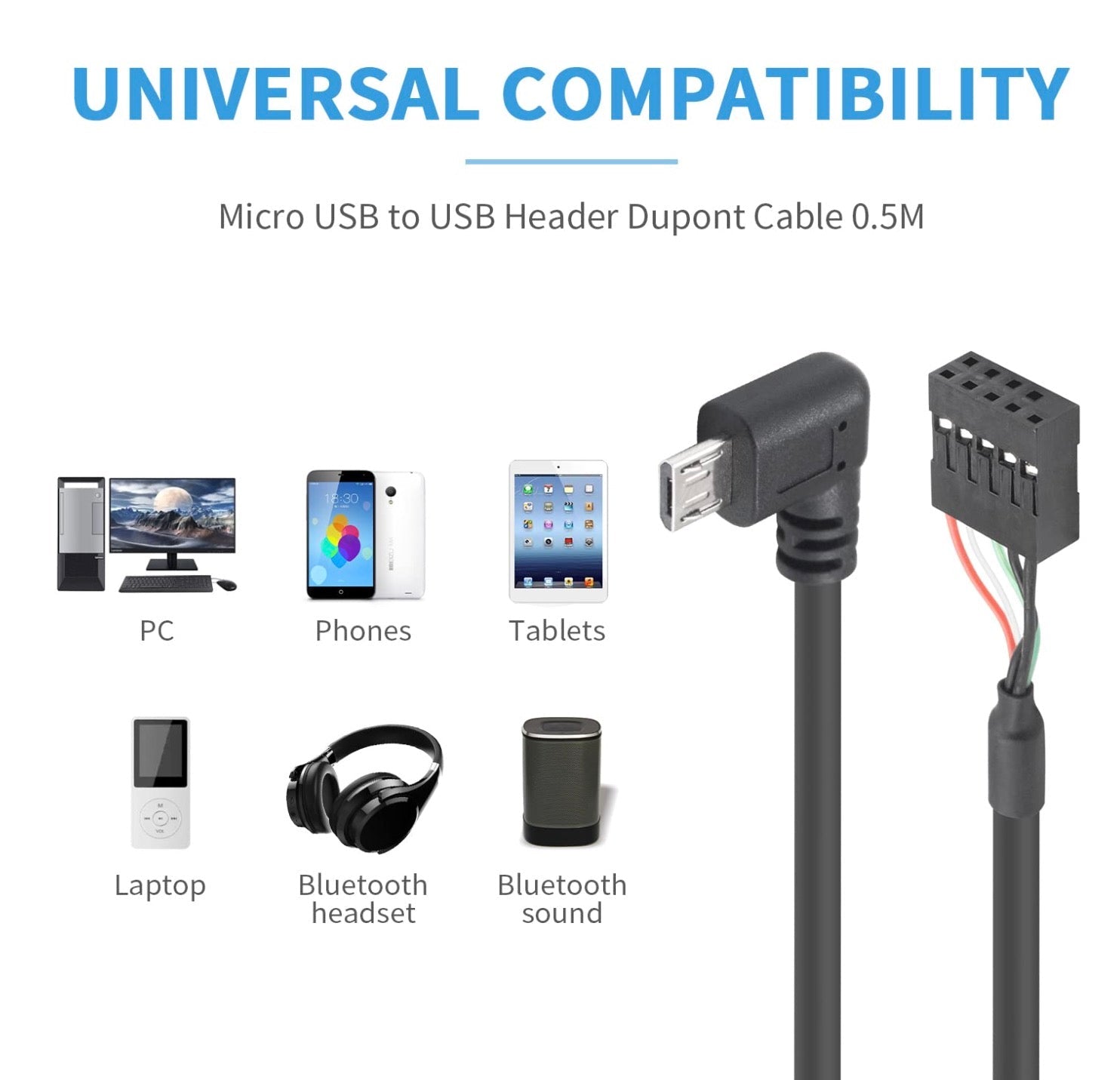 Micro USB to USB Header Dupont Cable, Micro Male to 9 Pin Female USB Header PCB Motherboard Extension Connector