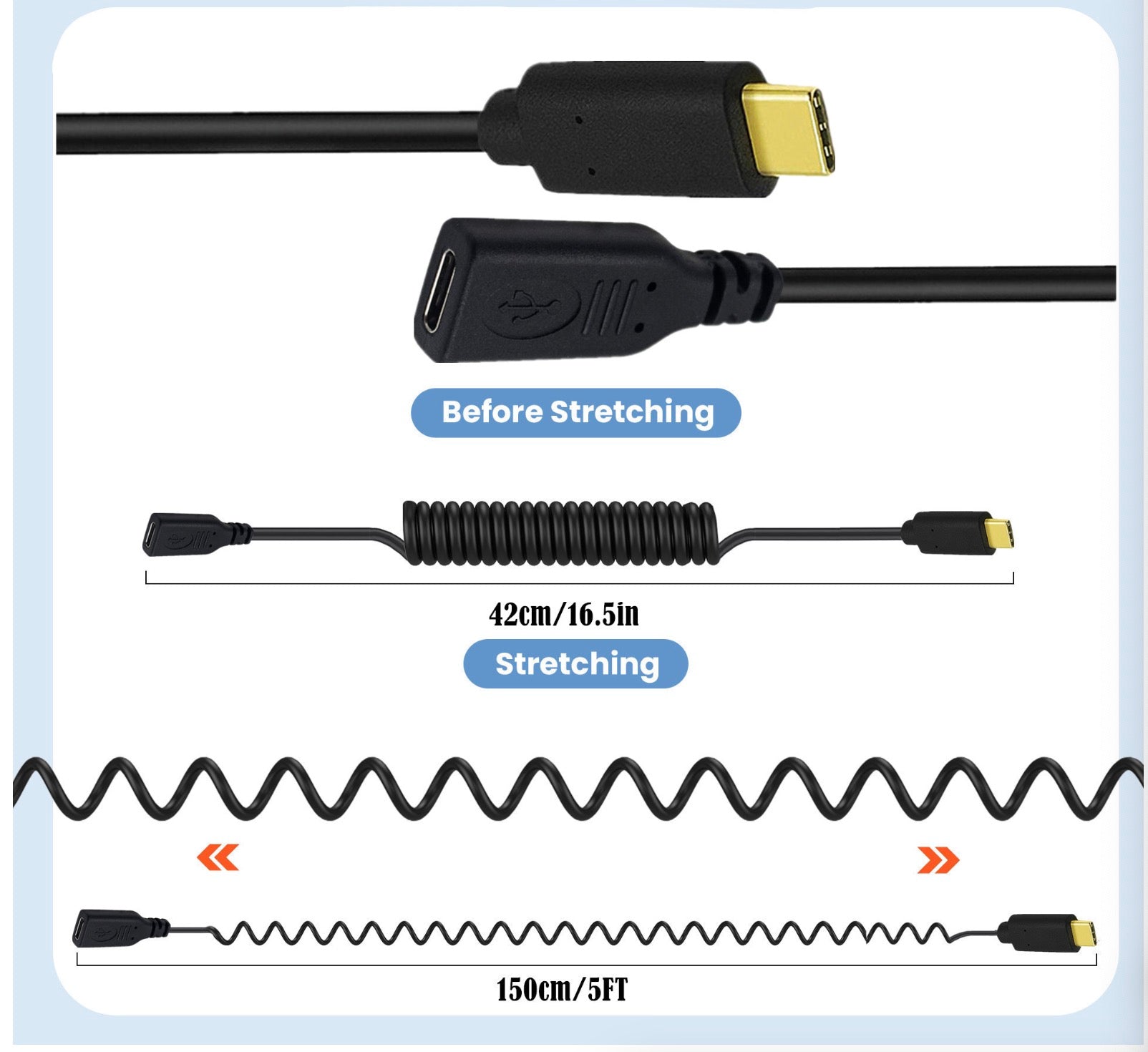 USB C Type C Male to Female Coiled Extension Cable