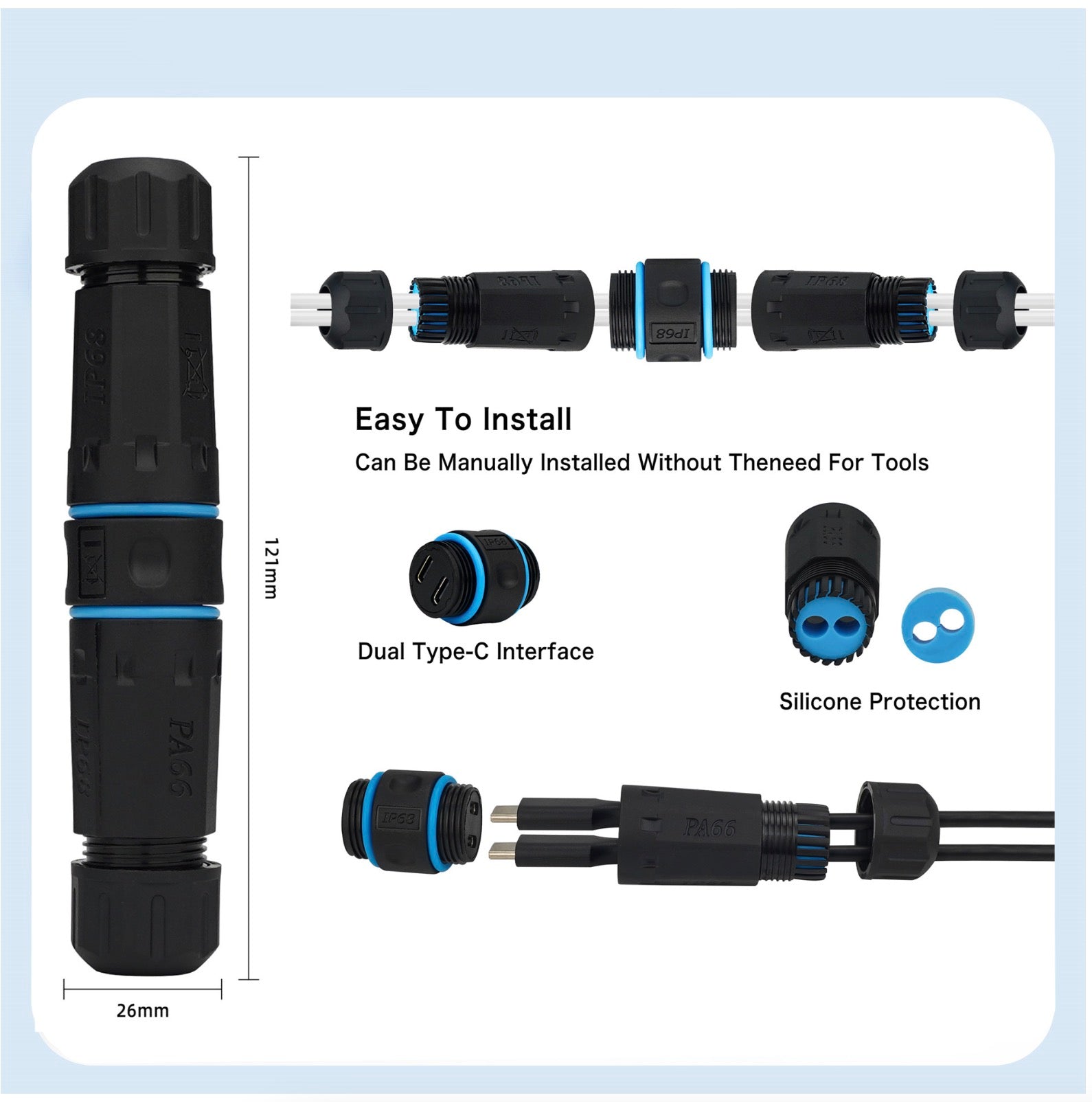 Waterproof USB C Connector, 2 x Type  C Female to Female Panel Mount Connector | Bulkhead Outdoor Charging Data Socket