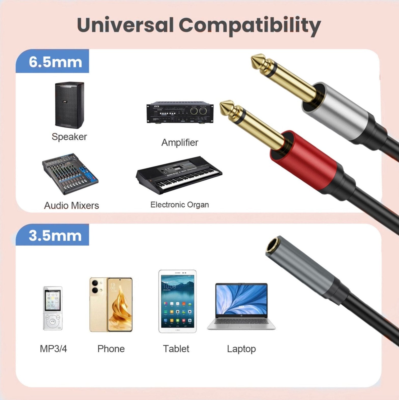 3.5mm TRS to Dual 6.35mm TS Stereo Y Splitter Cable, 1/8 Mini Jack Female to Dual 1/4 inch Male Mono Converter