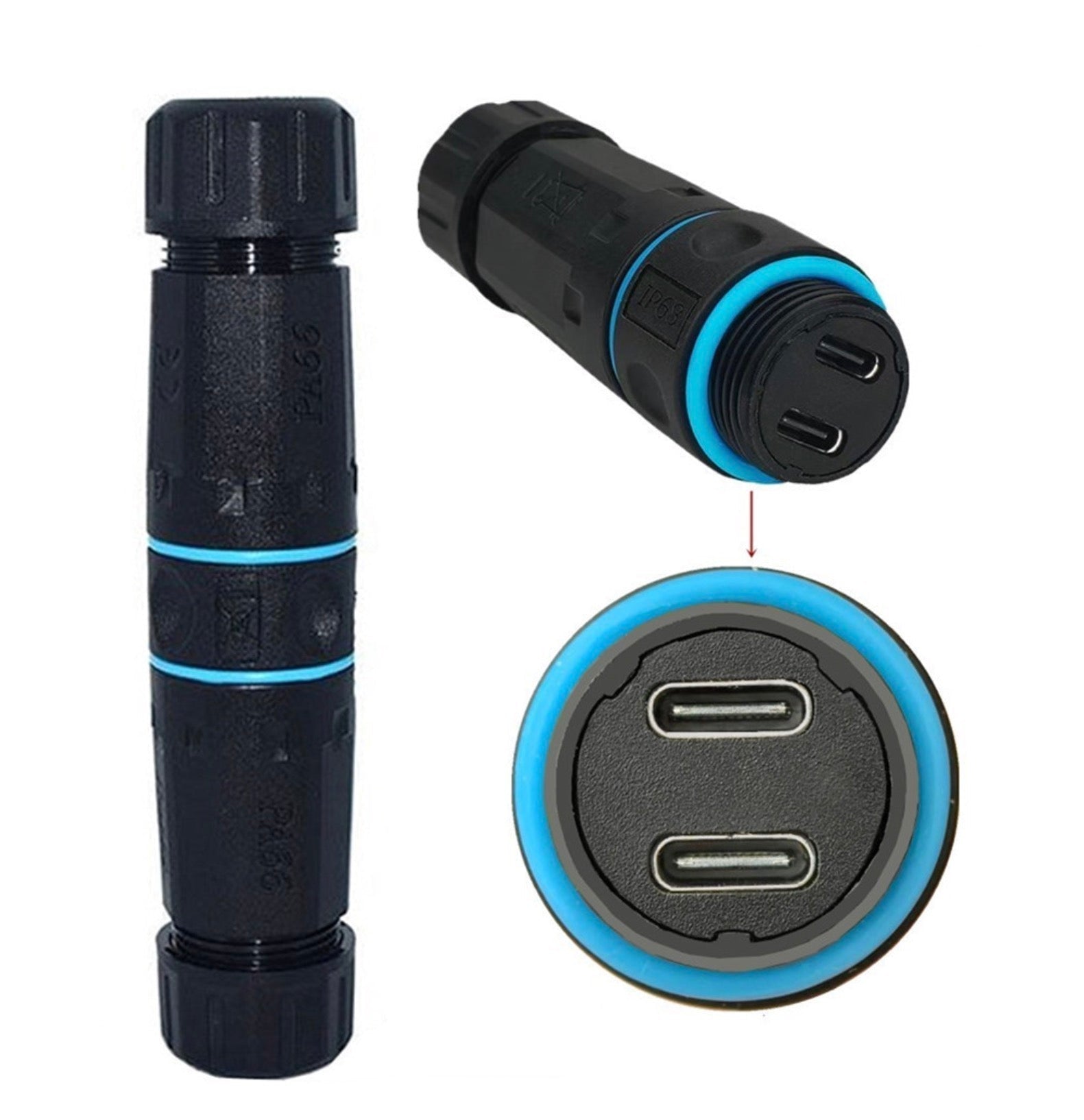 Waterproof USB C Connector, 2 x Type  C Female to Female Panel Mount Connector | Bulkhead Outdoor Charging Data Socket