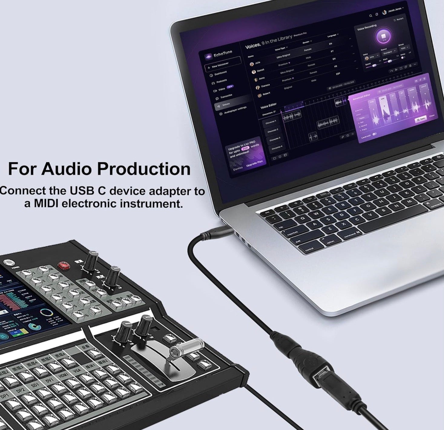 USB B to USB C Extension Adapter, Type C Female to Type B Female Midi Keyboard Converter