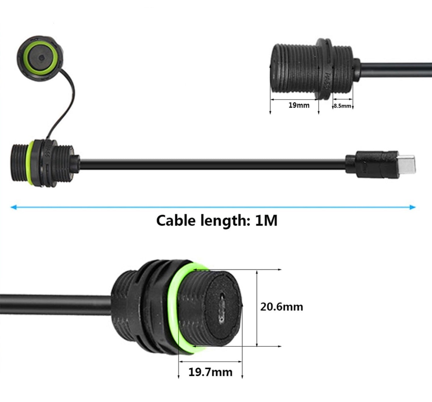 USB C Female Connector, IP68 Type C Male to Female M20 Waterproof Cable for Mechanical Outdoor Equipment
