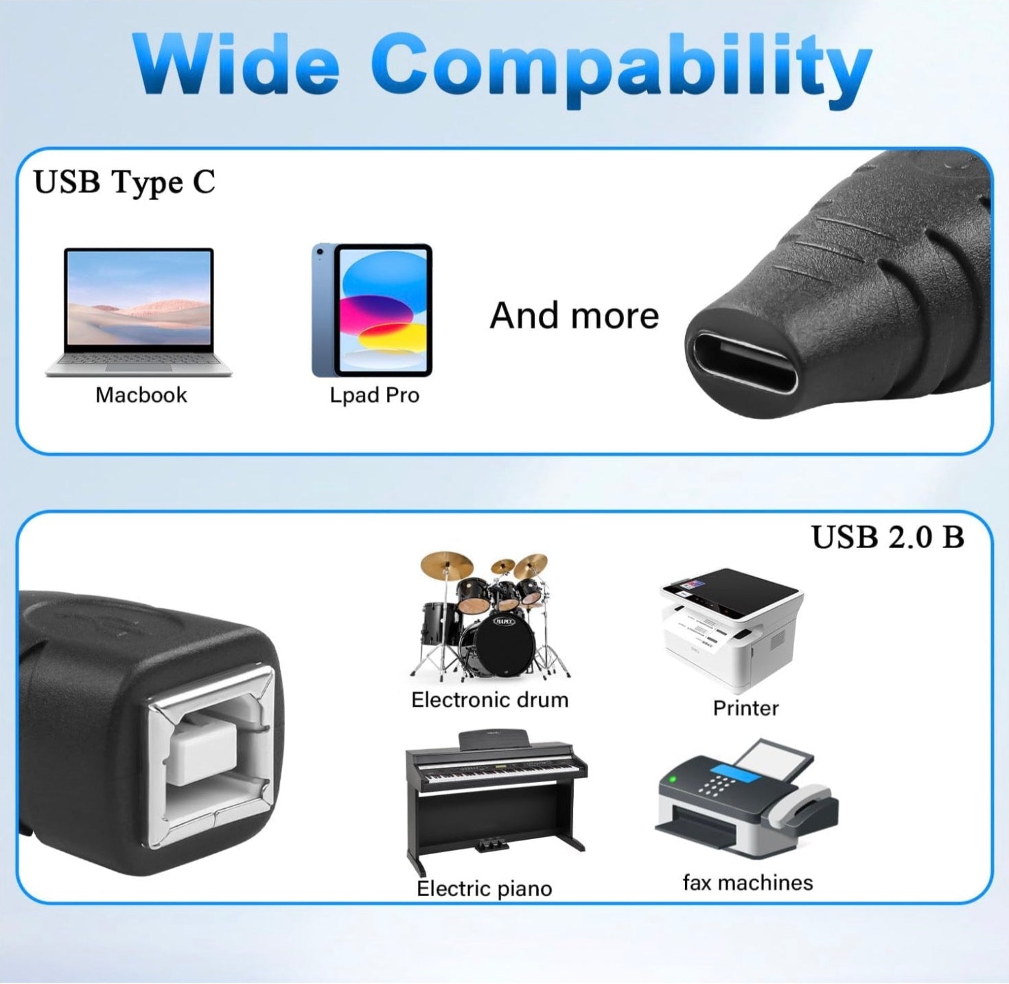 USB B to USB C Extension Adapter, Type C Female to Type B Female Midi Keyboard Converter
