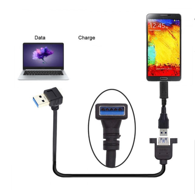 USB 3.0 Panel Mount Cable, USB 3.0 A Male to Female with M3 Screws Extension Connector | Down Angle