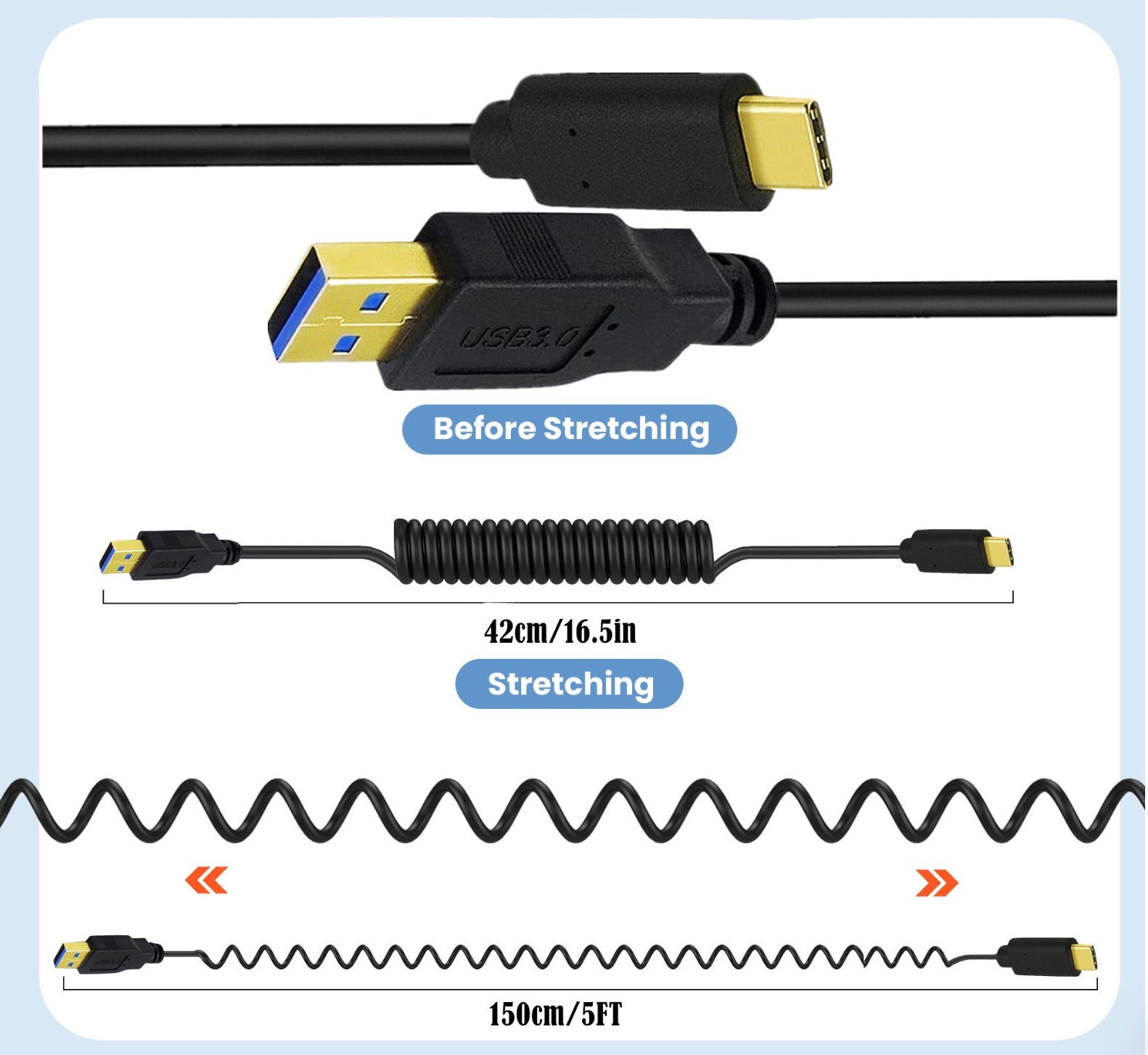 USB C Type-C Male to USB 3.0 A Male Spiral Cable