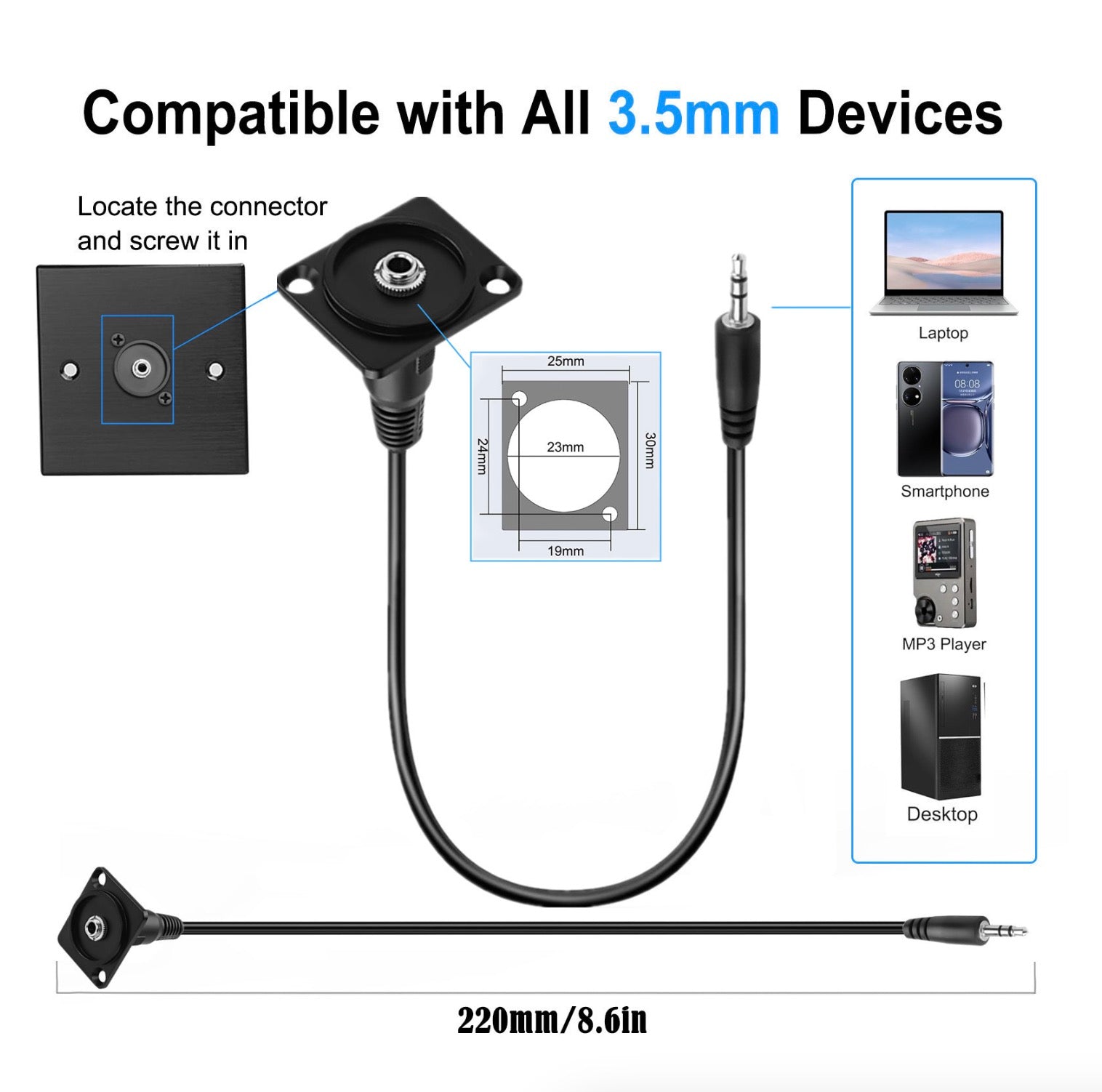 3.5mm TRS Panel Mount Audio Cable, 1/8 Stereo Headphone Mount Socket for 3.5mm Audio Expansion