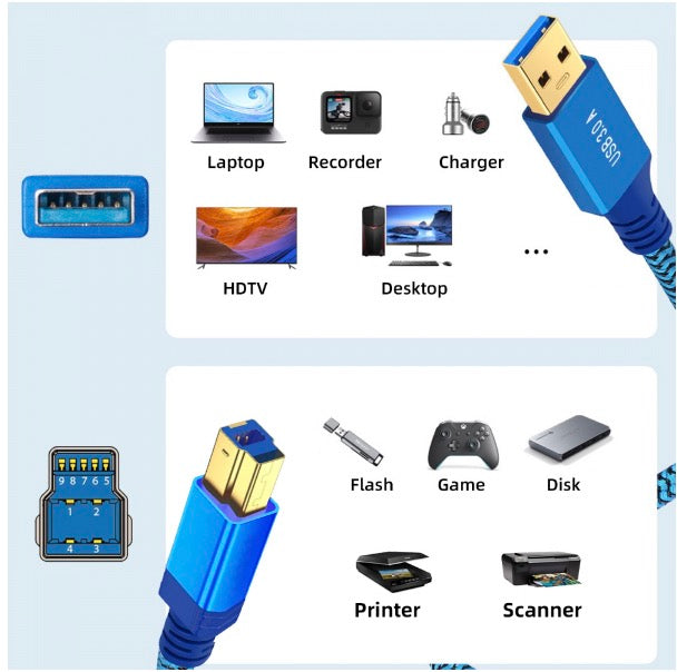 USB 3.0 Type-A Male to Type-B Male Data Cable 5Gbps