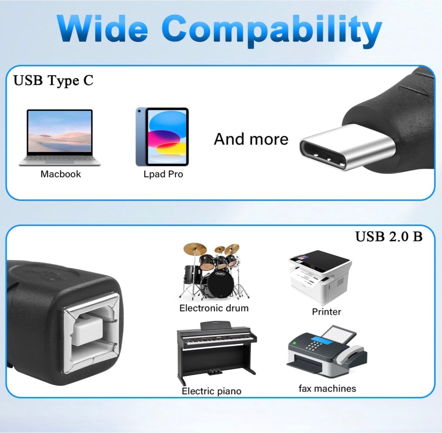 USB B to USB C Extension Adapter, Type C Male to Type B Female Printer Converter