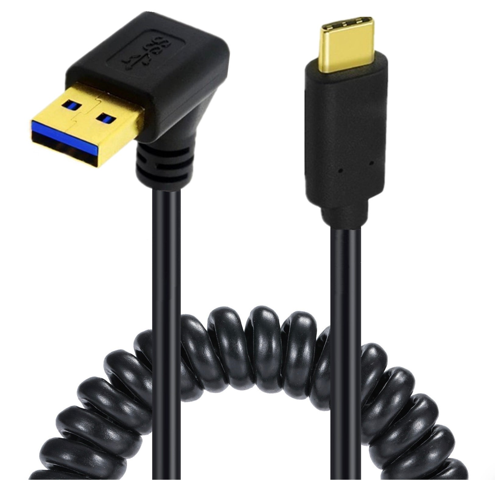 USB C Type-C Male to USB 3.0 A Type Male Coiled Cable - Up Angle