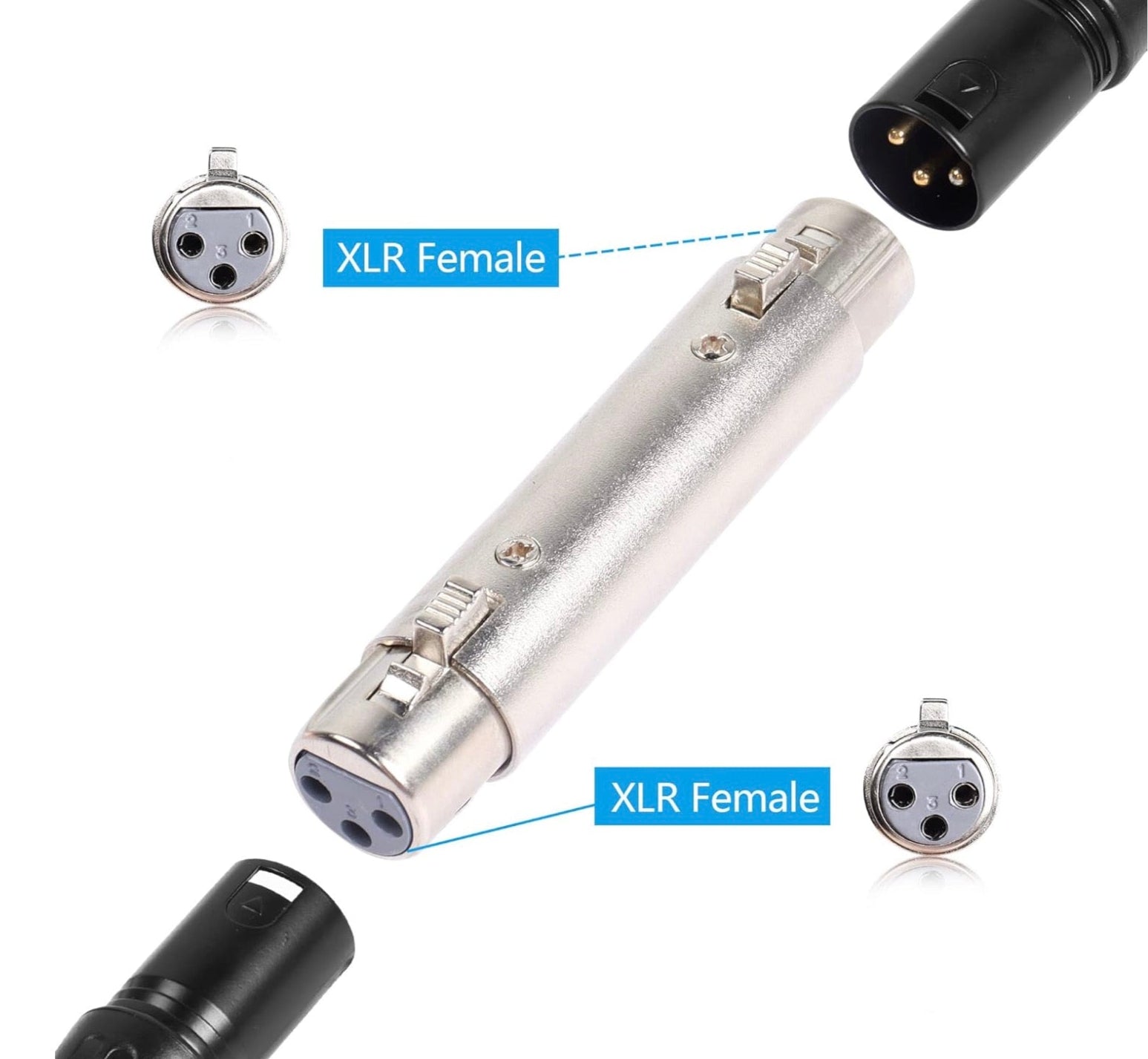 Silver XLR female connector with detailed view on white background