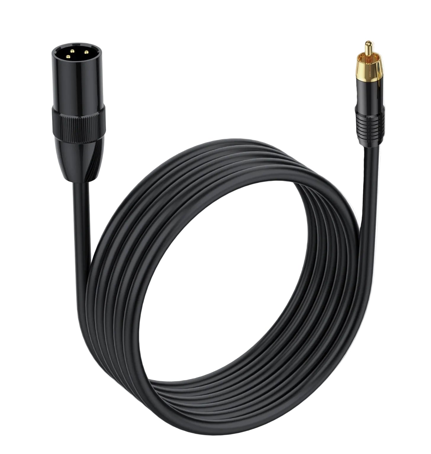 A black XLR to RCA male cable with gold-plated connectors.