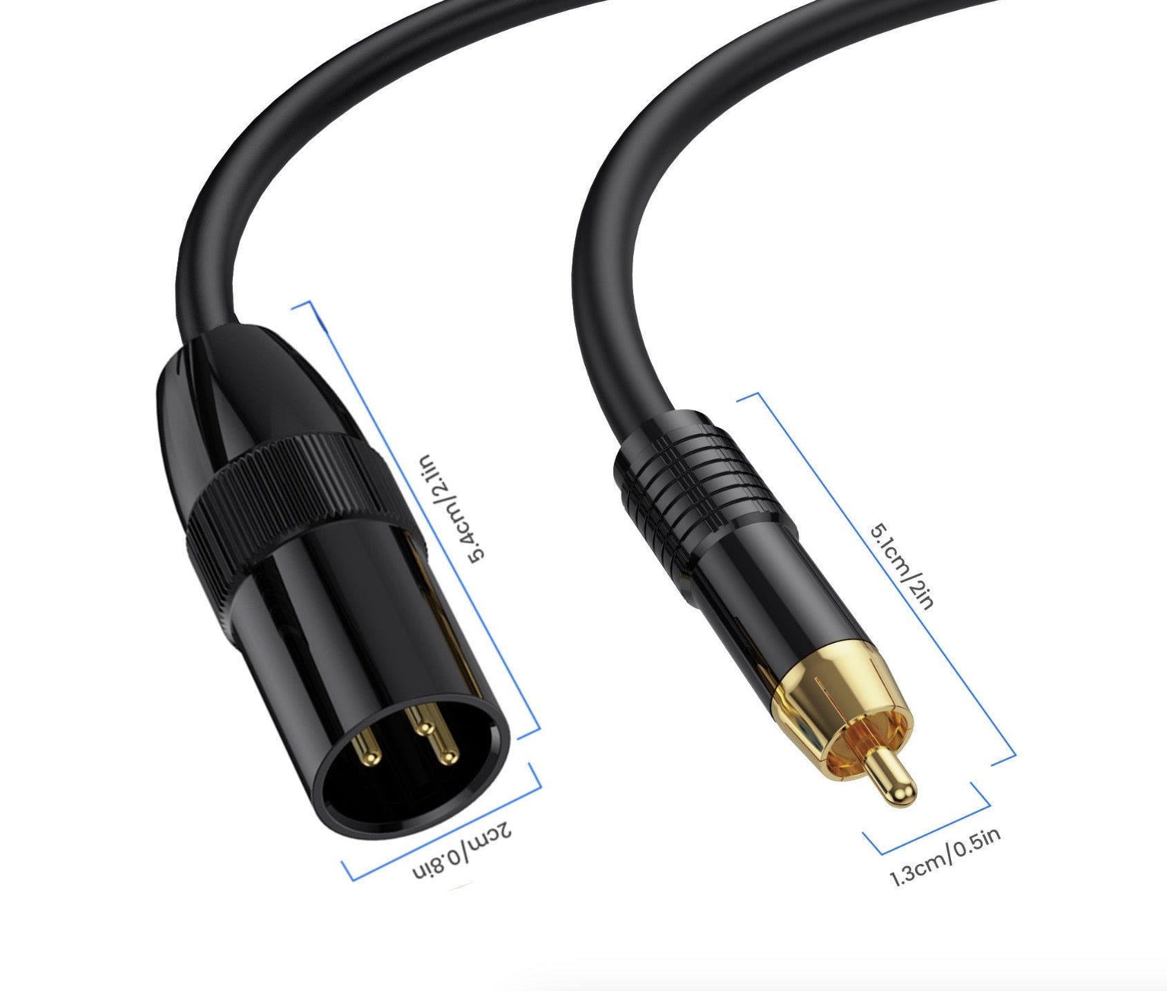 Black XLR male to RCA phono cable close up