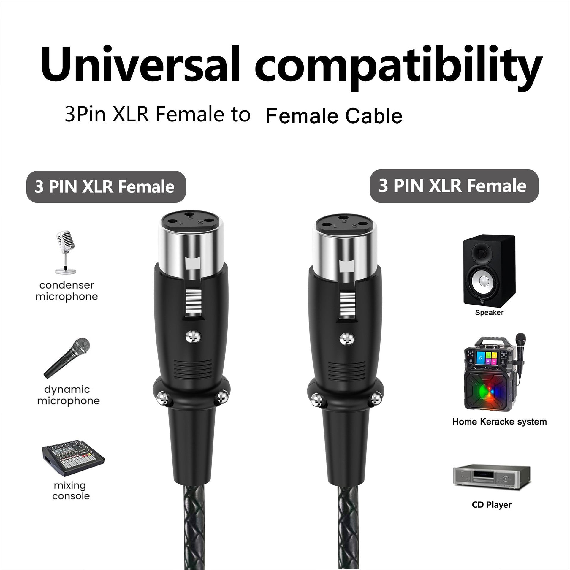3 pin XLR female to female microphone cable with braided jacket and locking connector