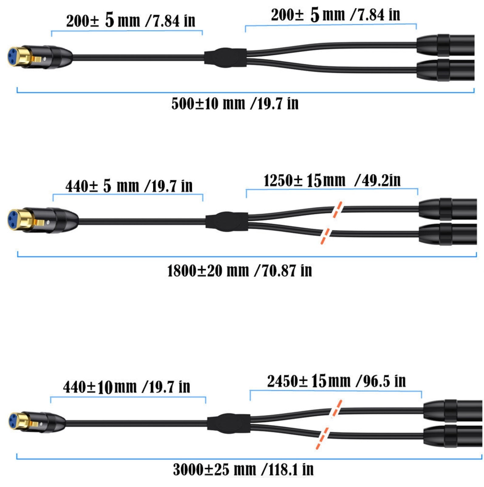 Measurement chart of black cables with connectors on a white background