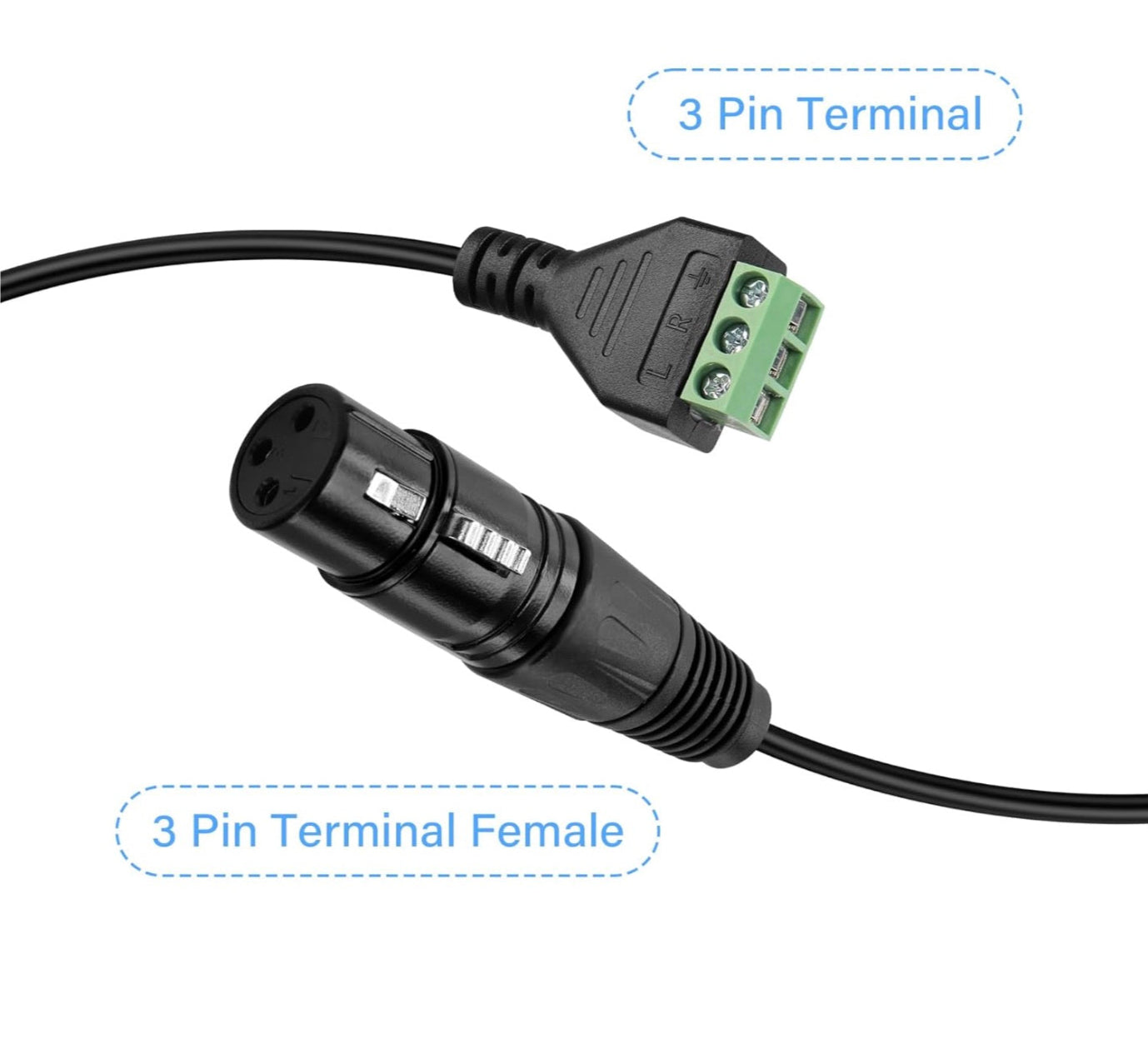 Electrical cable with 3 pin terminal connector on a white background