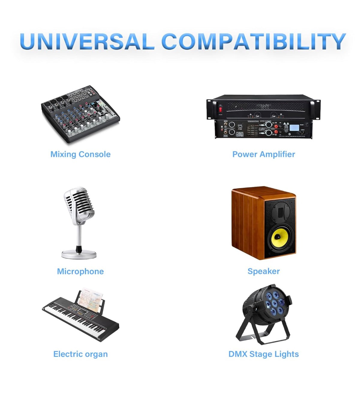 Set of audio and stage equipment with labels on a white background.
