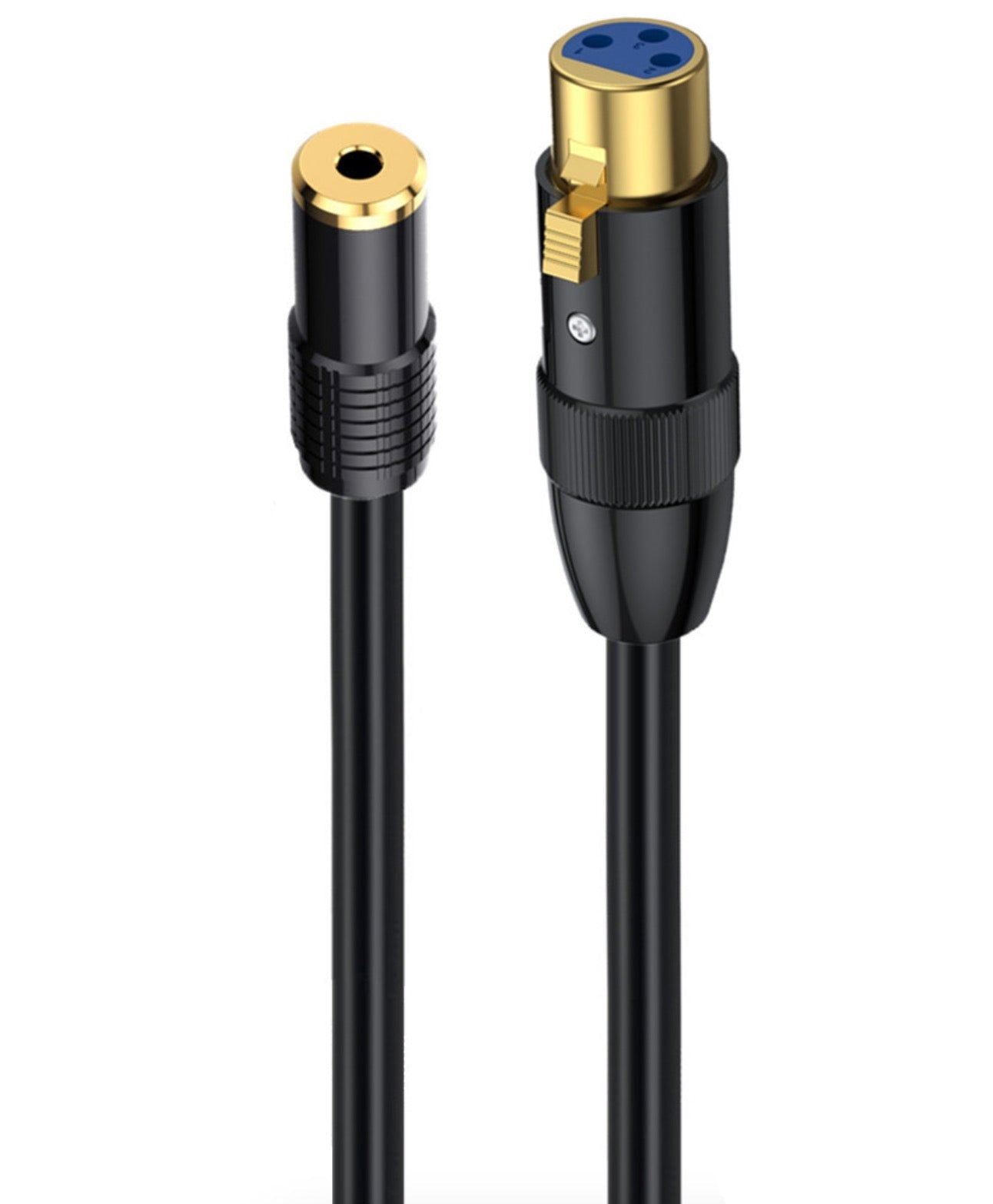 Pair of audio cables with gold and black connectors on a white background