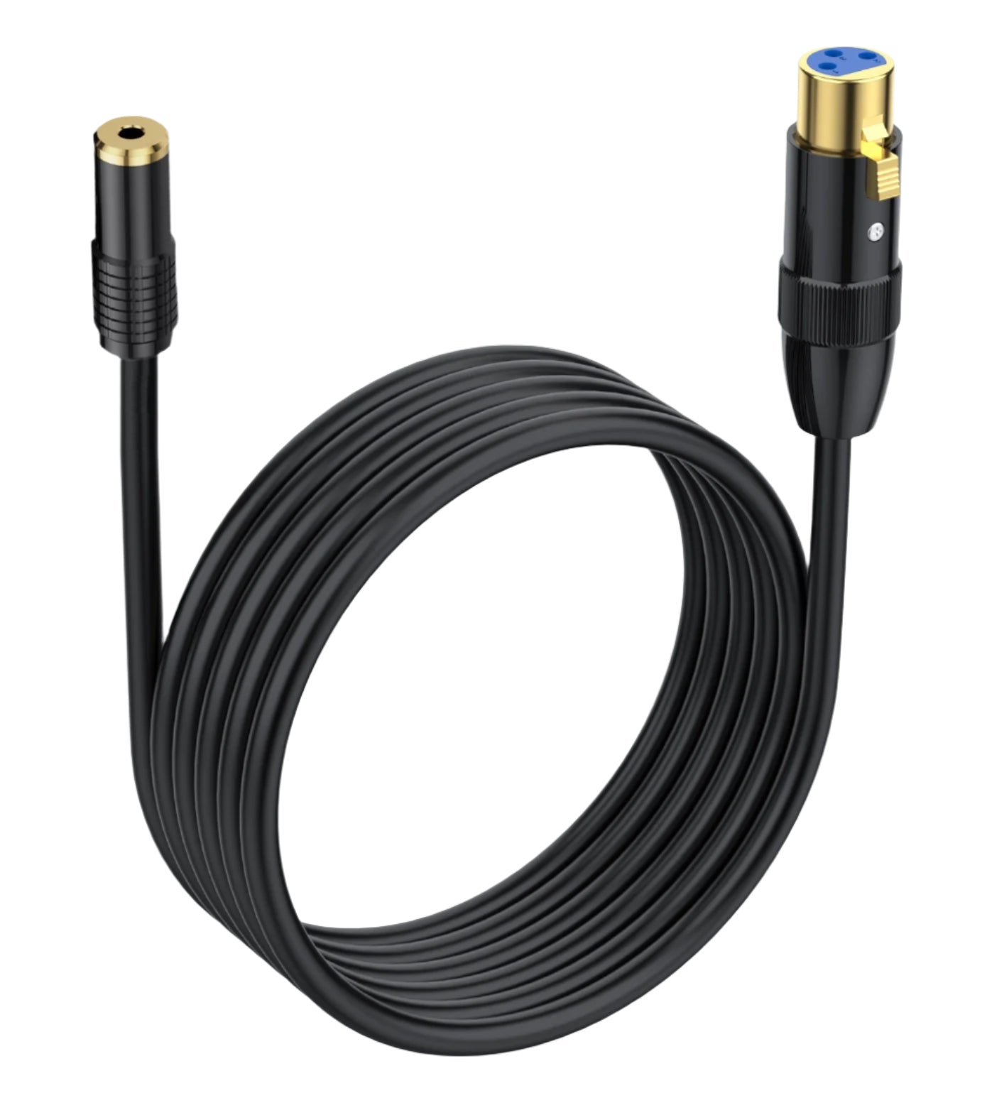 Black audio cable with gold and blue connectors on a white background