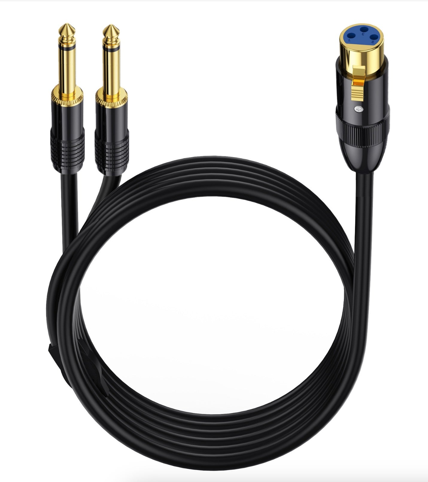 An XLR to 1/4 inch Y Splitter cable with a blue XLR female connector and two gold-plated 1/4 inch male connectors.