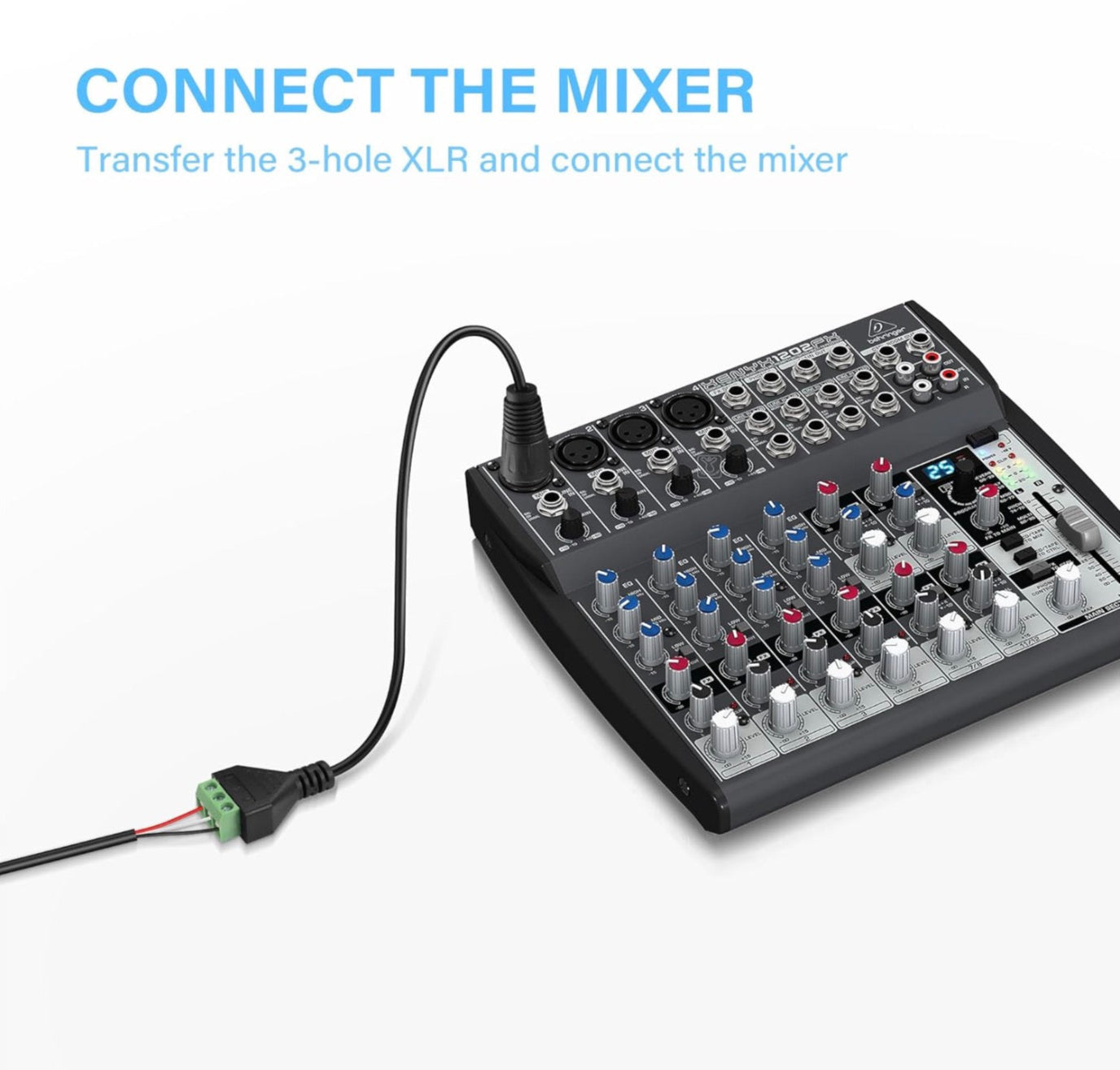 Black audio mixer with 3-hole XLR cable on white background