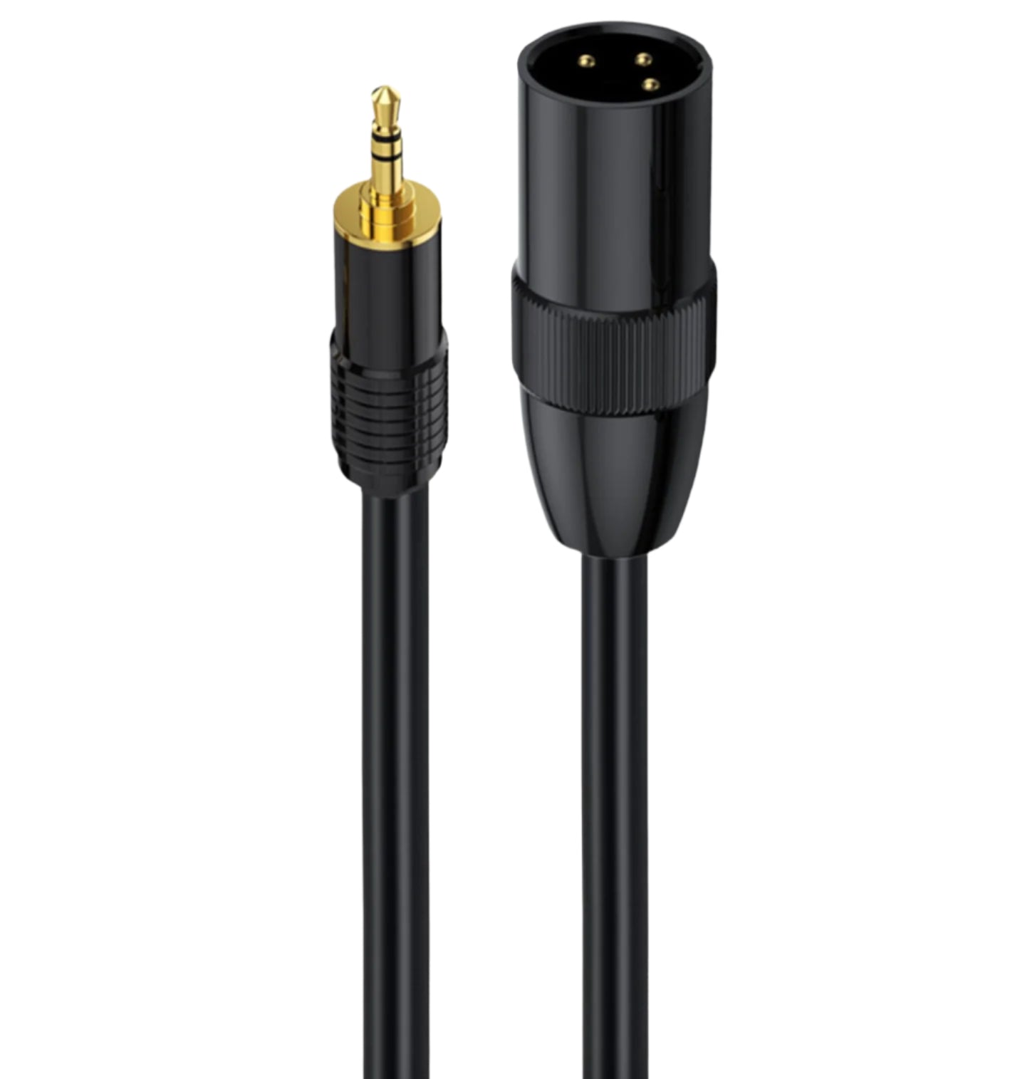 Black audio cable with XLR female connector and 3.5mm plug on a white background