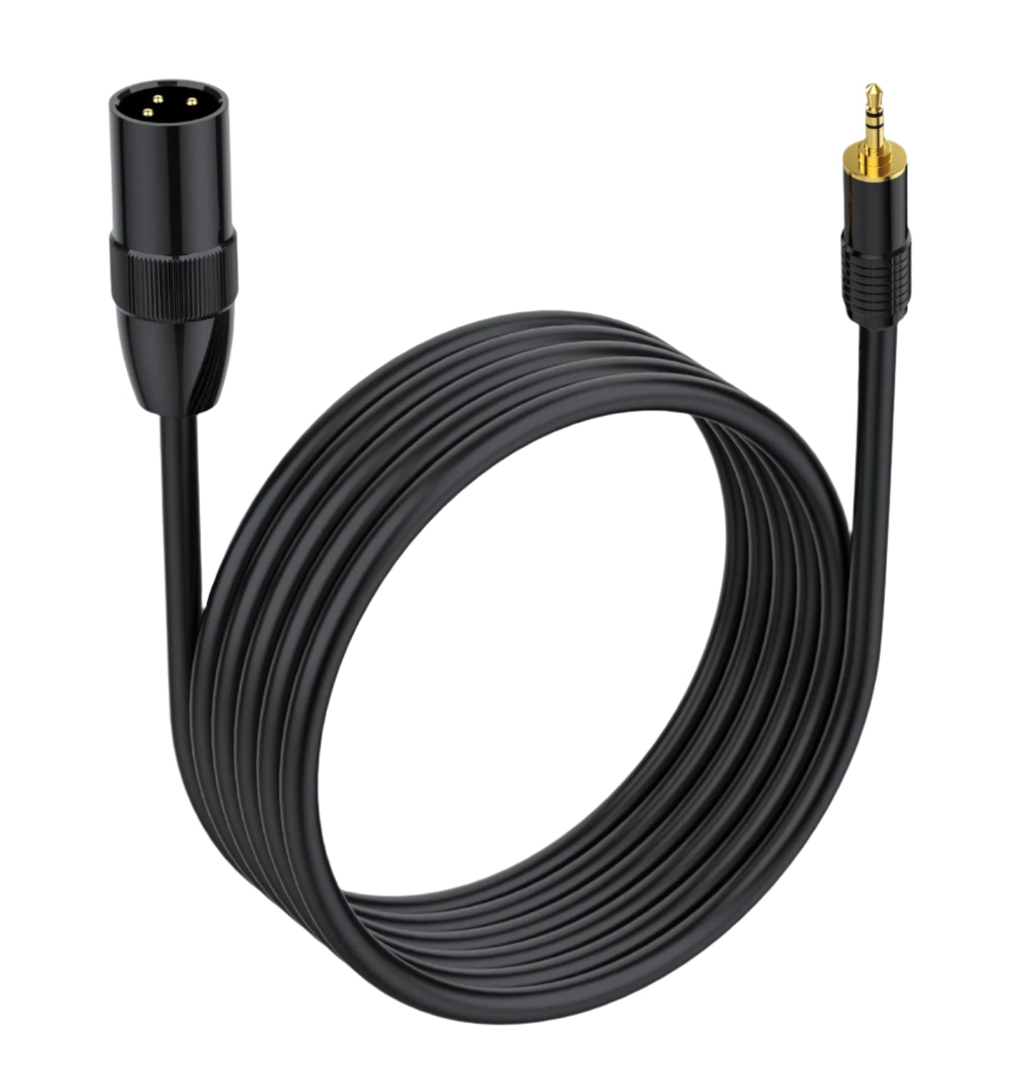 Black audio cable with XLR male on one end and 3.5mm plug on the other, coiled on a white background.