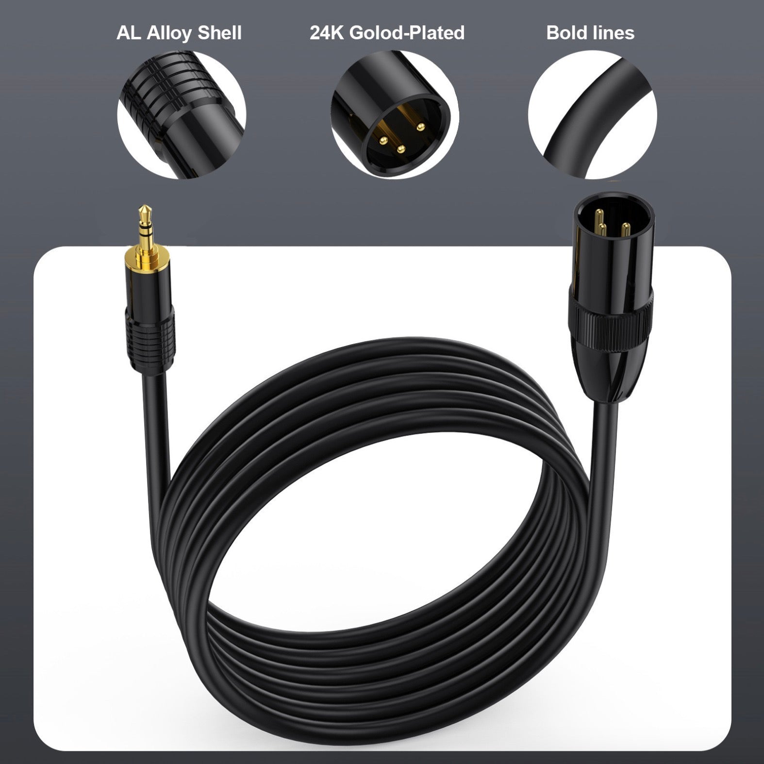 XLR male and 3.5mm mini jack connectors close up