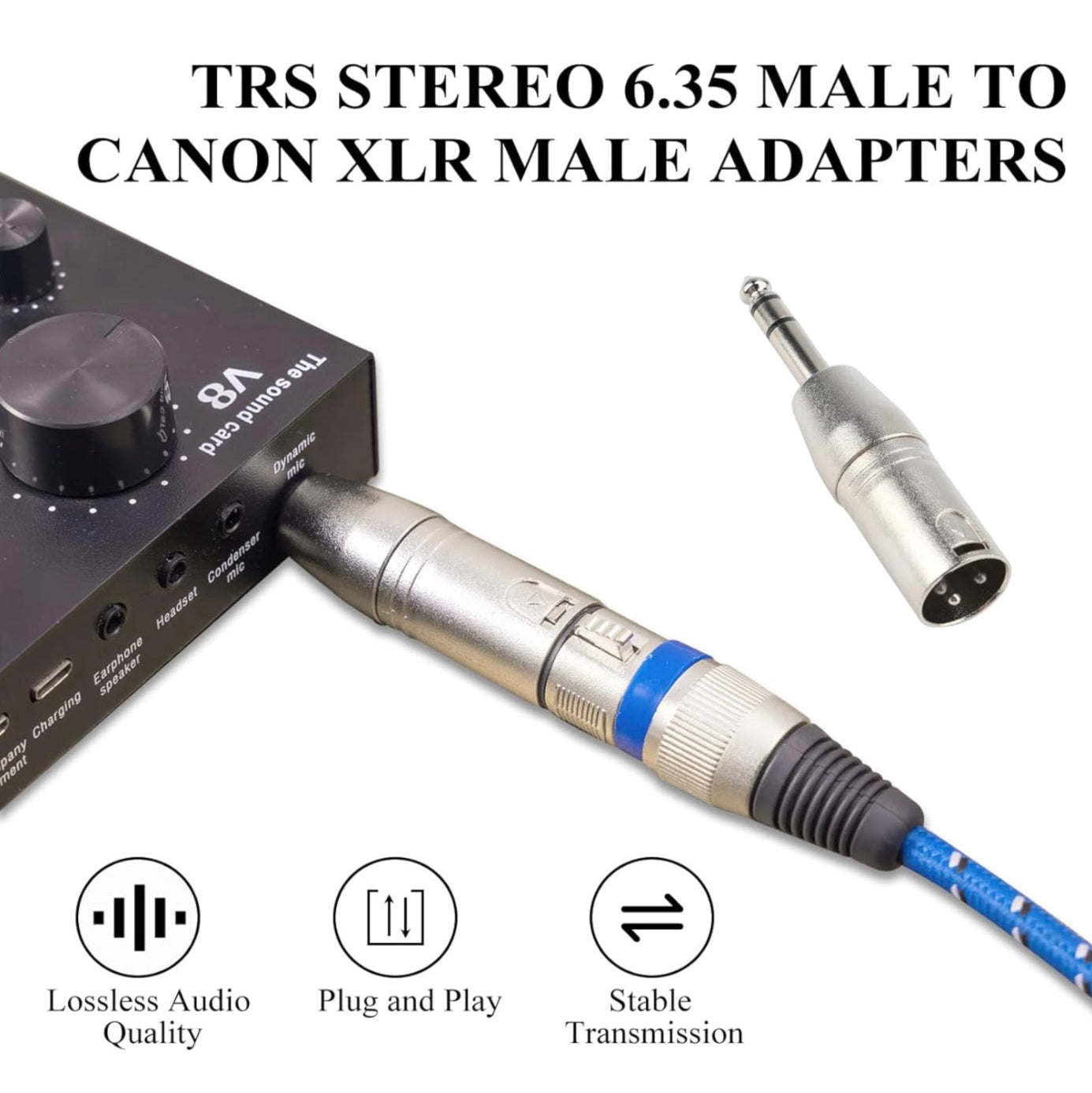 TRS Stereo 6.35 Male to Canon XLR Male adapter with audio equipment on a white background