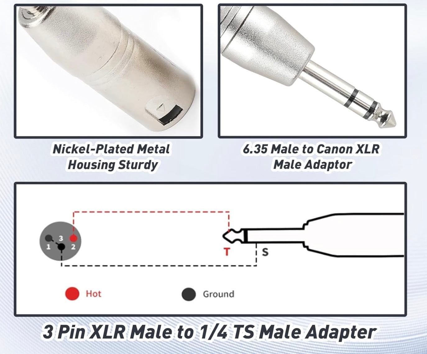 Adaptor with nickel-plated metal housing and technical diagram on a light blue background
