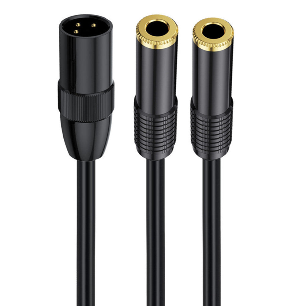 An image showing an XLR male connector on the left and dual 6.35mm (1/4'' TRS) female connectors on the right.