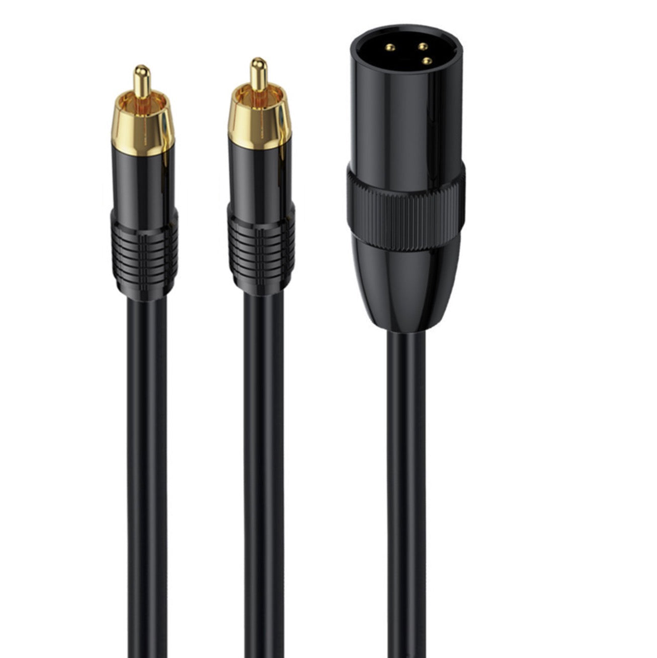An XLR male to dual phono RCA y splitter patch cable, featuring black cables with gold-plated connectors.