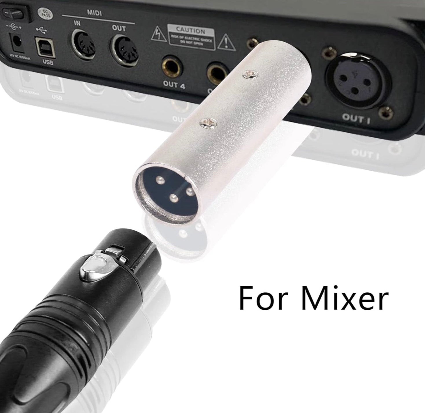Close-up of audio cable connector and mixer ports.