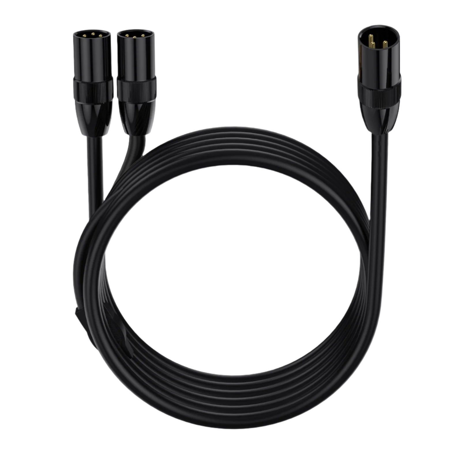 Black audio cable with three connectors on a white background