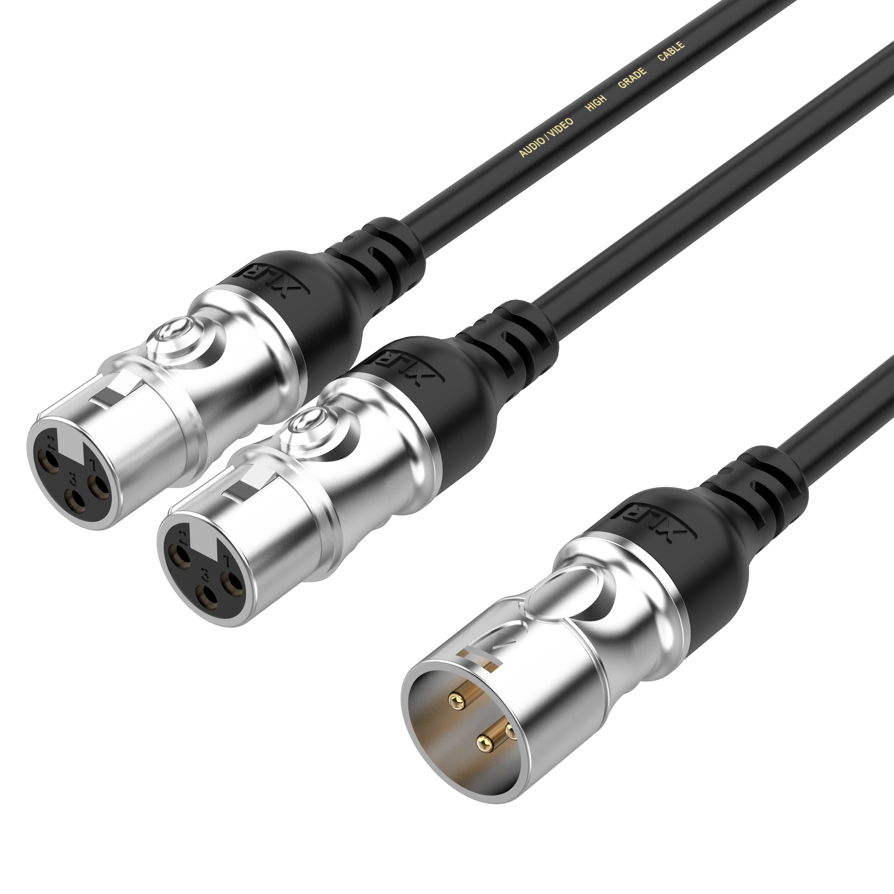 XLR male to dual XLR female Y splitter microphone cable for professional audio recording and live sound