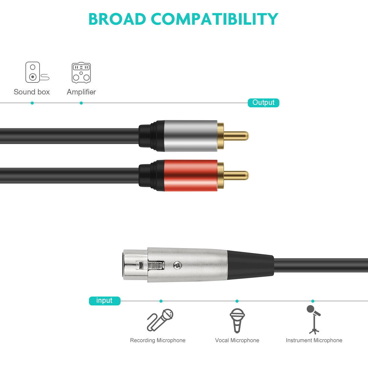 Audio cable with different connectors on a white background