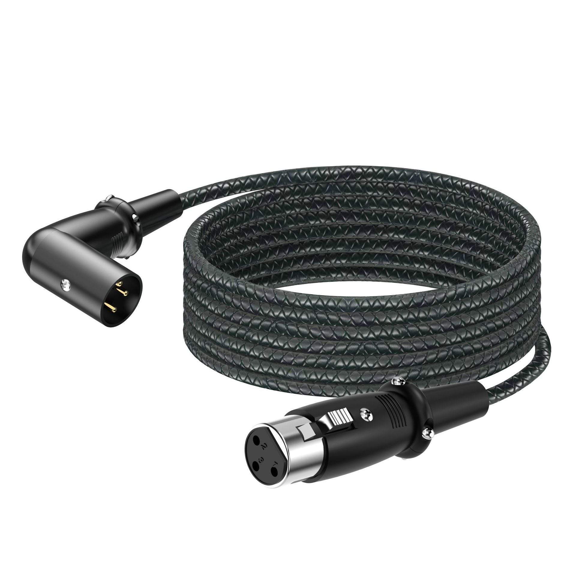 Right angle XLR male to female microphone cable with 3-pin balanced connector and braided shielded jacket
