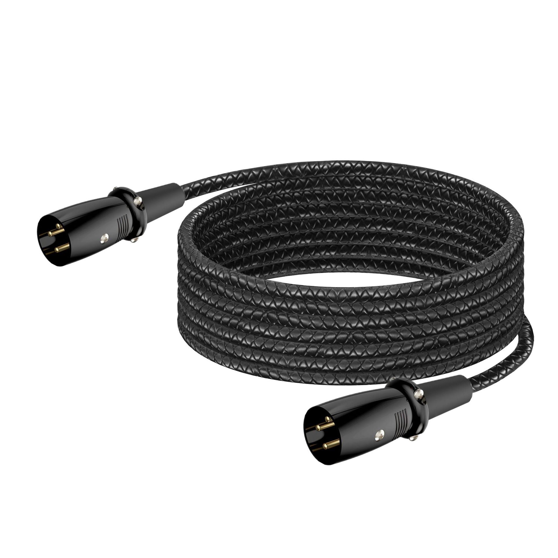 Black braided cable with XLR connectors on a white background