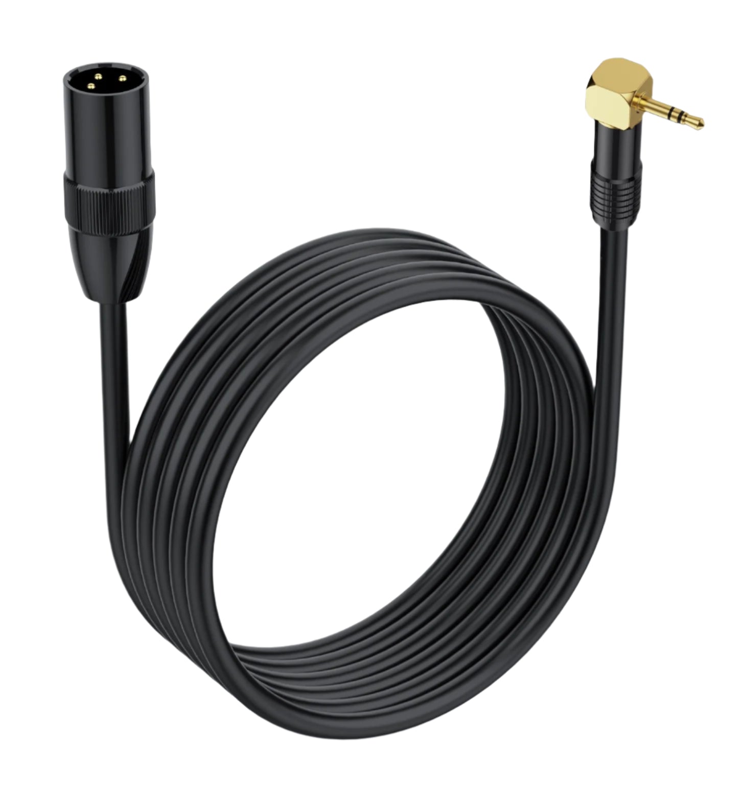 Black audio cable with XLR male on one end and 1/4 inch TRS on the other, coiled on a white background.
