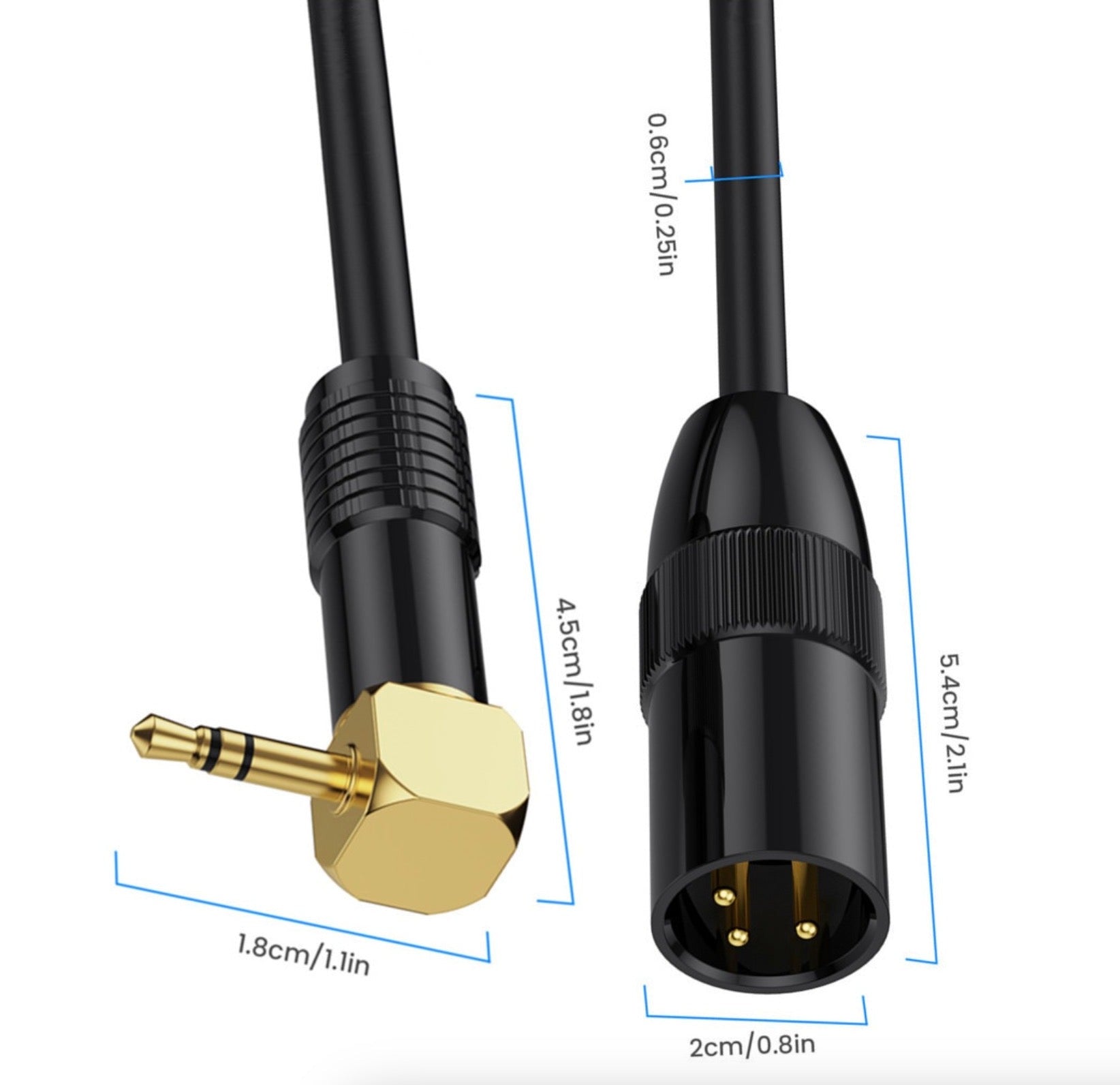 XLR male connector with angled 3.5mm plug close up