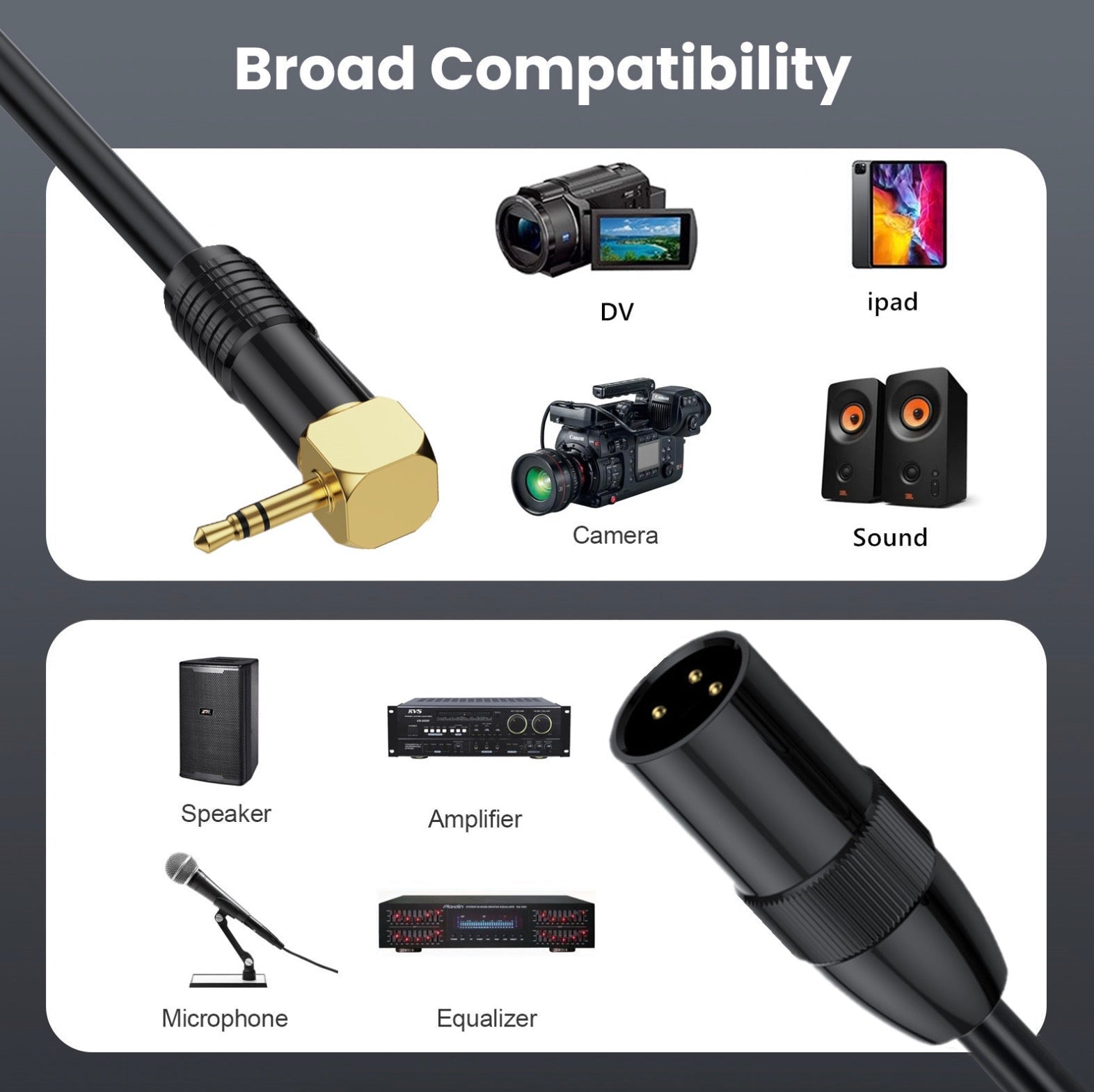 Compatibility chart with various electronic devices and a cable on a gray background