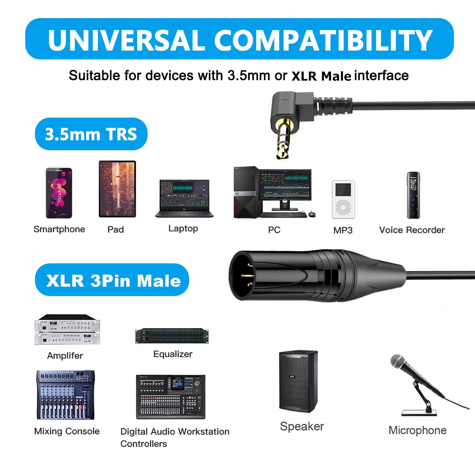 XLR to 3.5mm TRS microphone cable coiled design