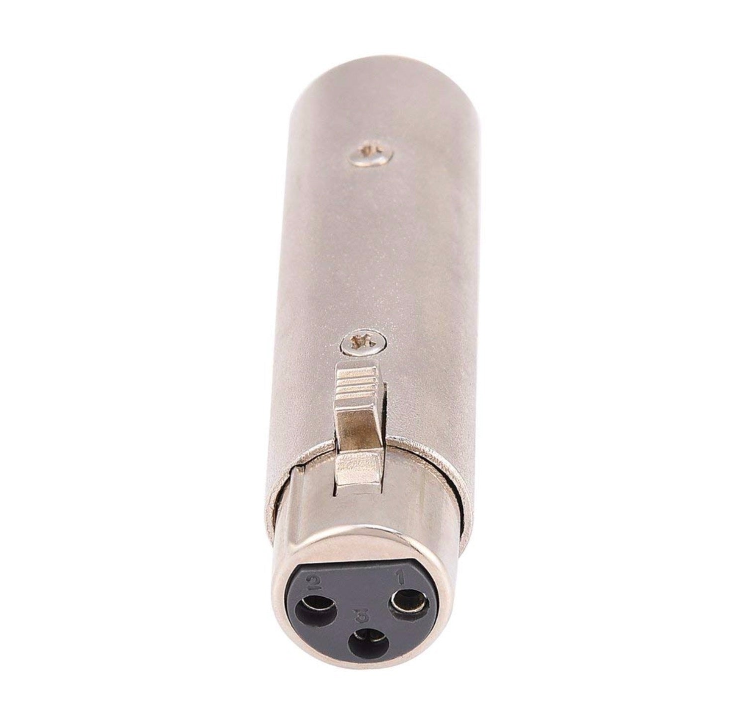 Metallic cylindrical microphone plug on a white background