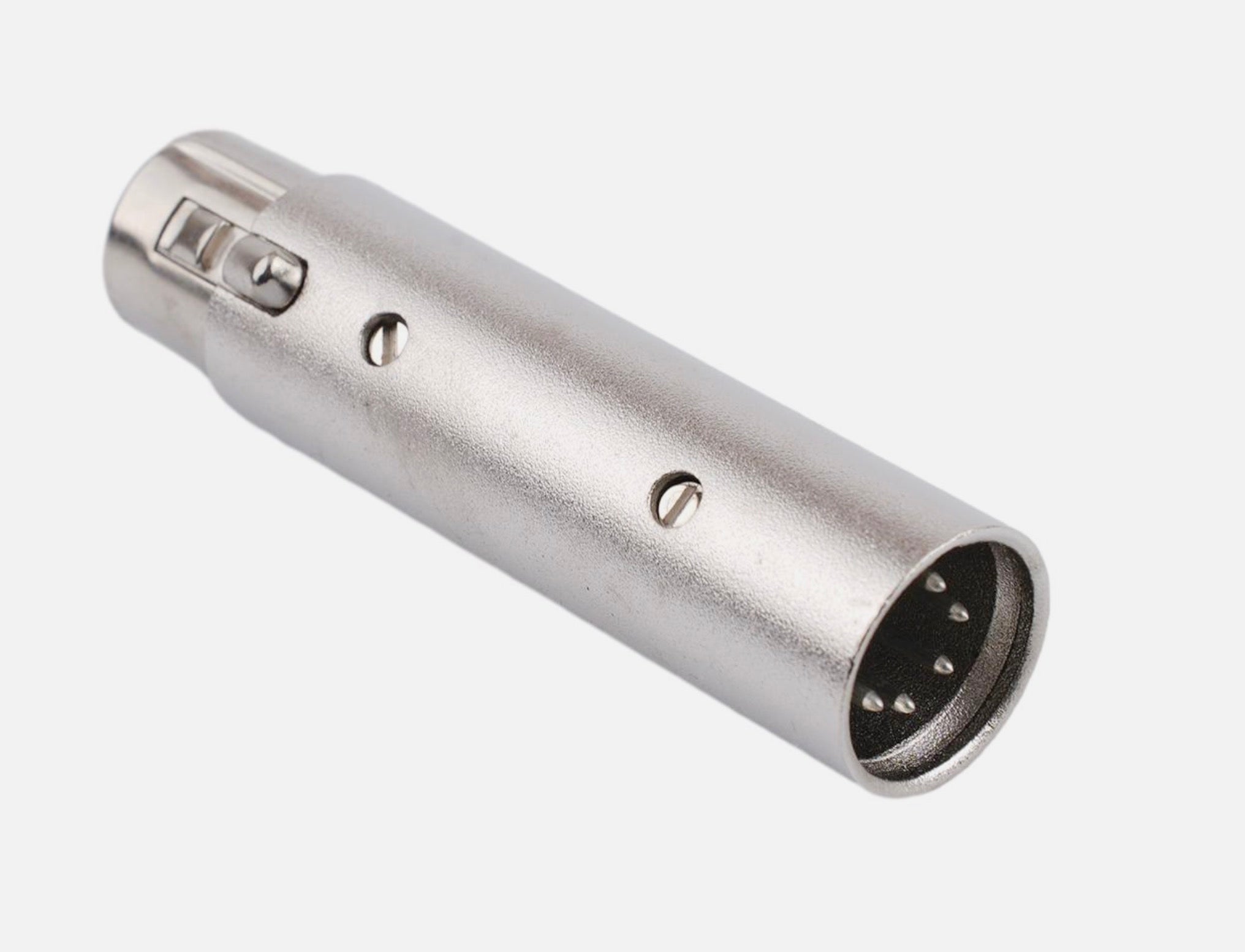 Metallic audio connector on a white background