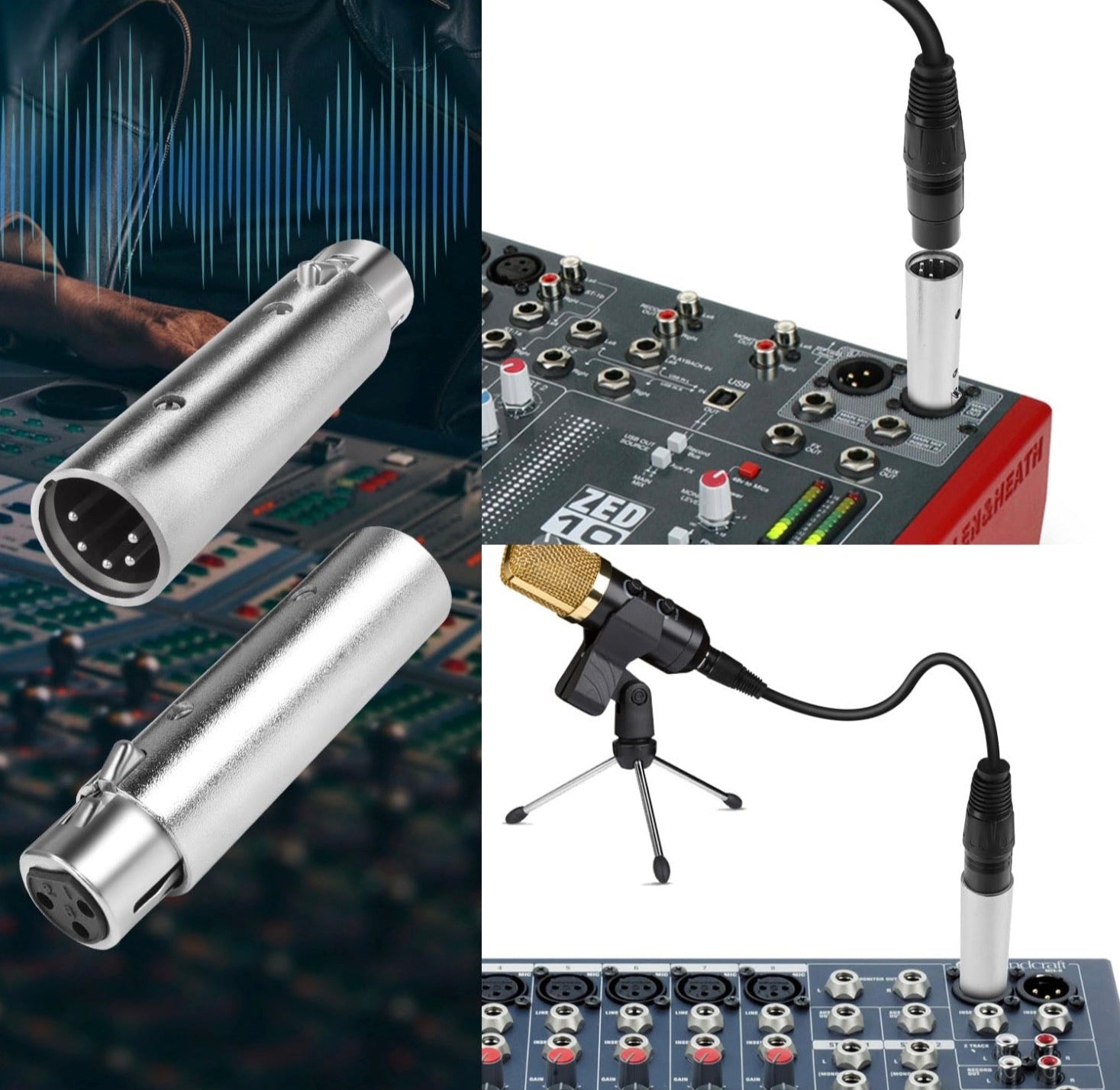 Collage of audio equipment including XLR connectors and microphone on a stand.